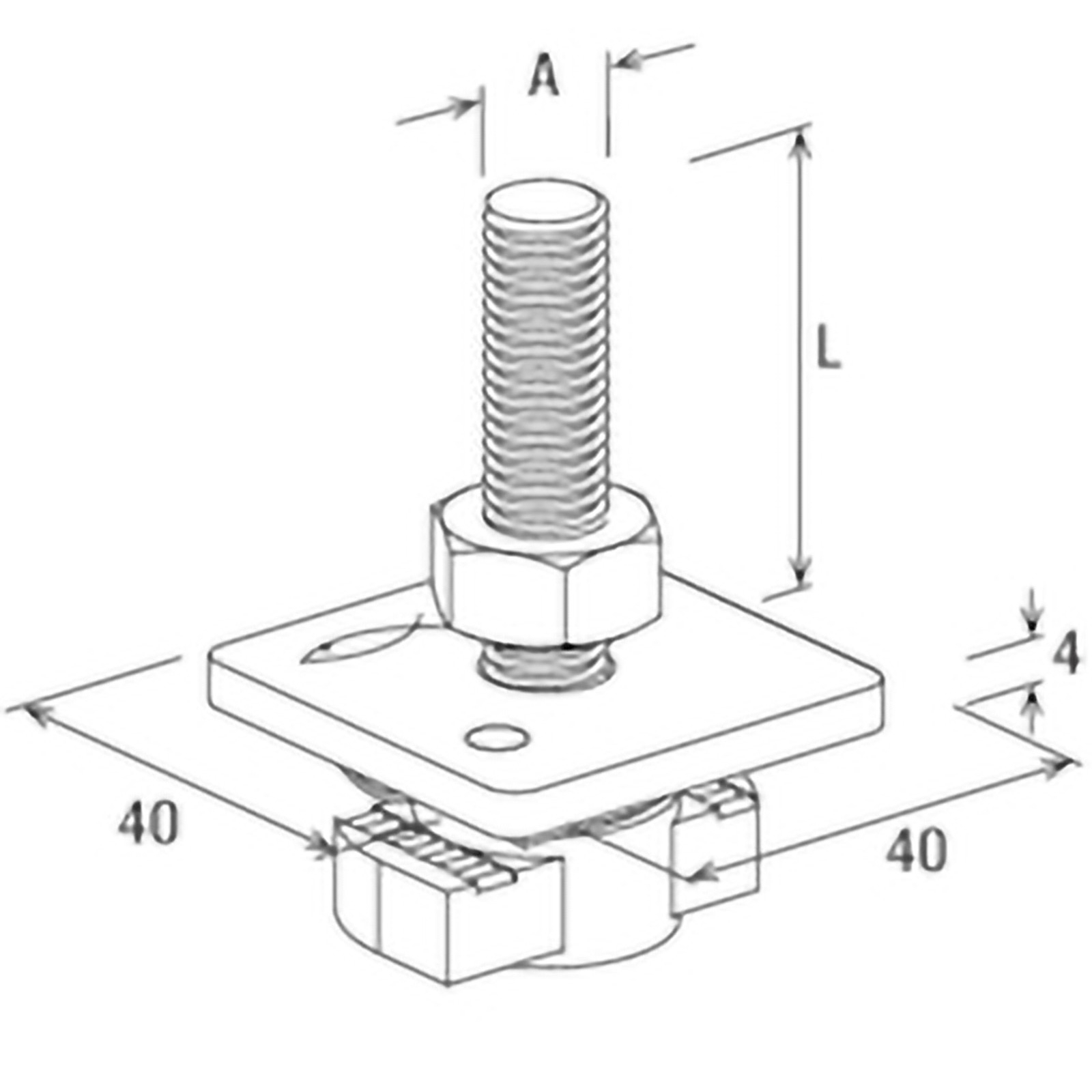 Technische Zeichnung eines Gewindebolzens mit Mutter auf quadratischer Basis, mit Maßen.