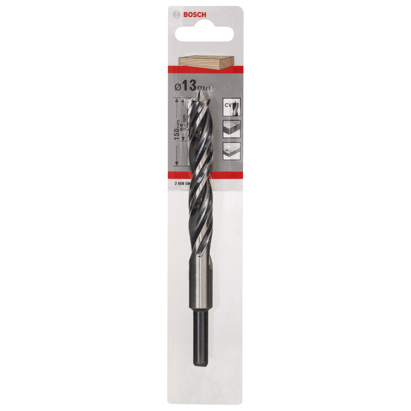 Bosch 13mm Holzbohrer in Verpackung, mit Längenangaben und Bohrerspitze.