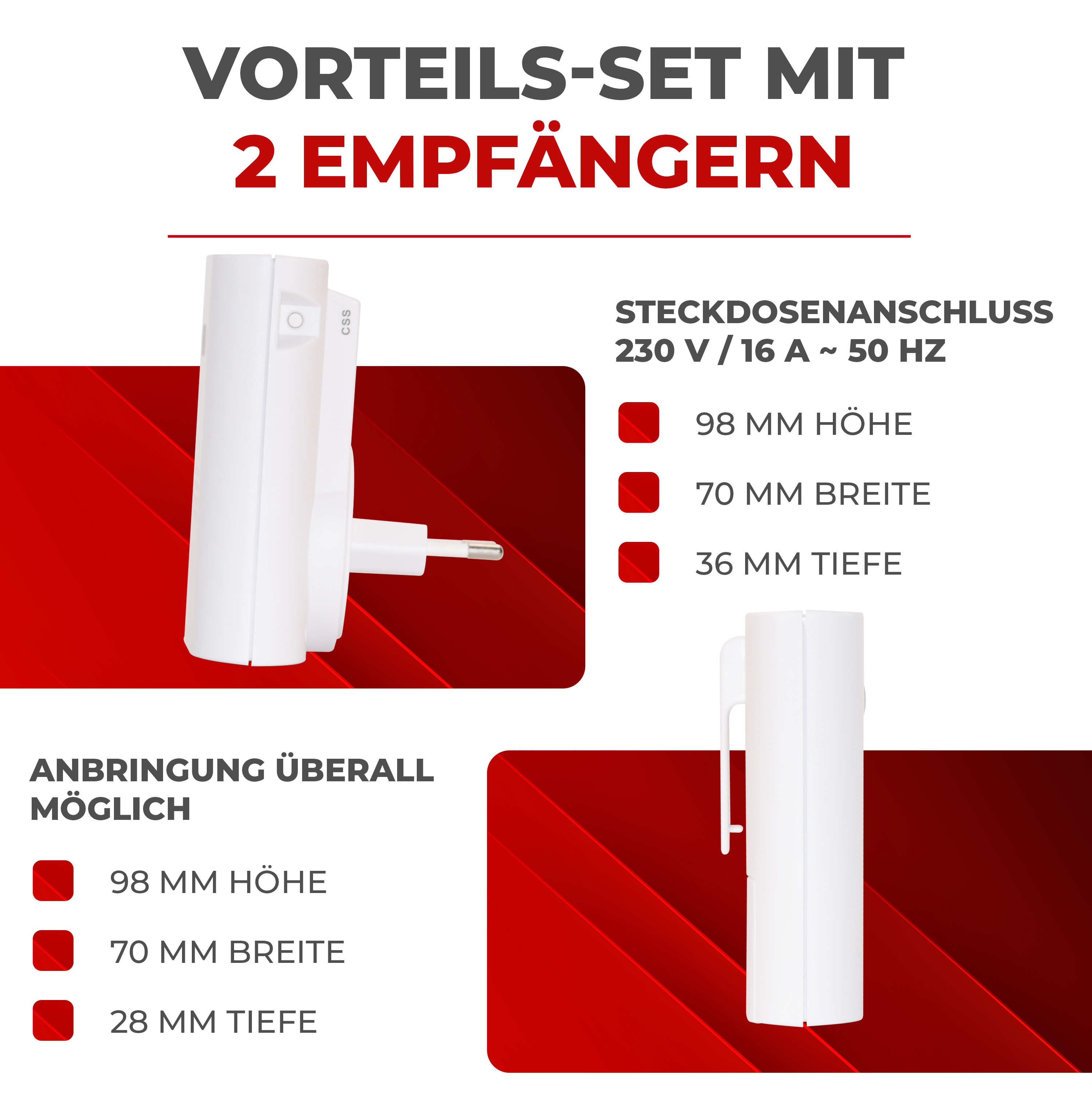 Vorteilsset mit 2 Empfängern, Maße und Anschlussdetails.