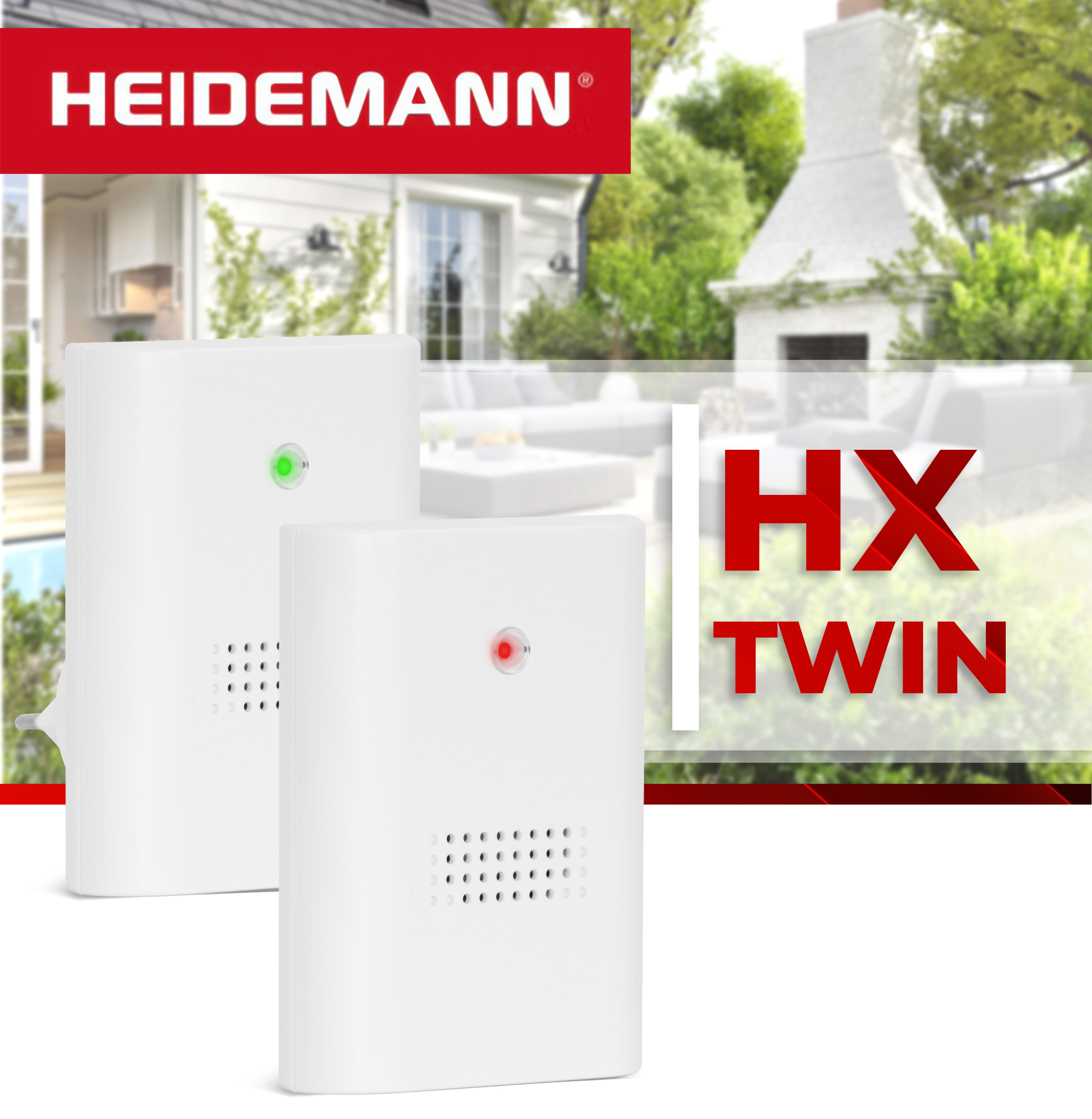 Zwei weiße HEIDEMANN HX TWIN Geräte vor unscharfem Hintergrund eines Gartens.