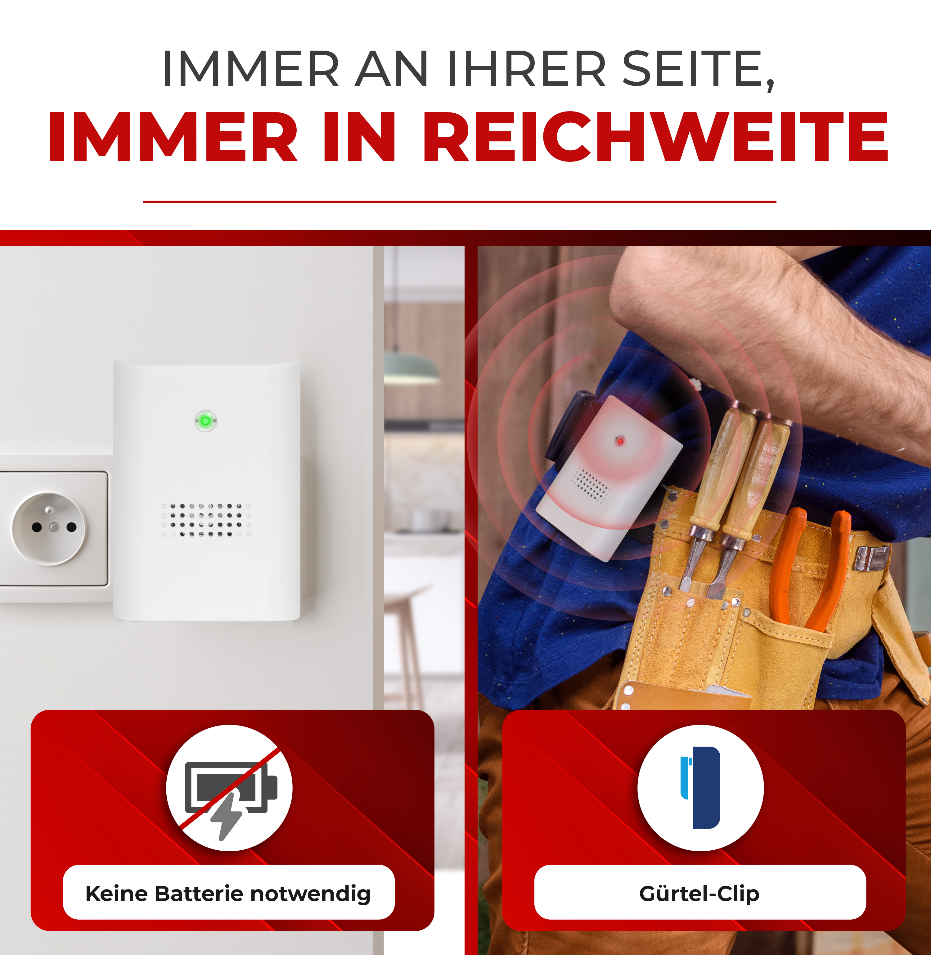 Ein weißes Gerät neben einer Steckdose und ein Gerät am Gürtel eines Mannes.