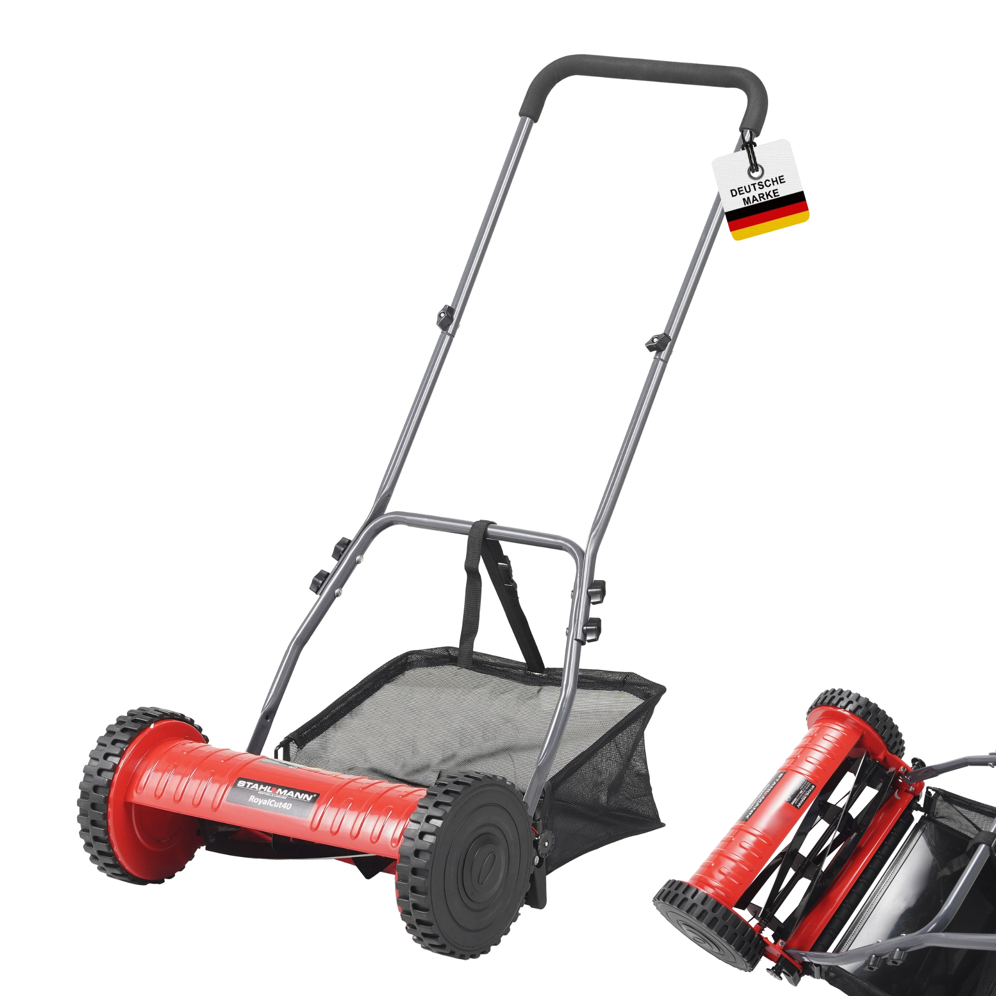 Rasenmäher mit rotem Gehäuse, deutsche Marke-Anhänger, schwarzem Griff und Fangkorb.
