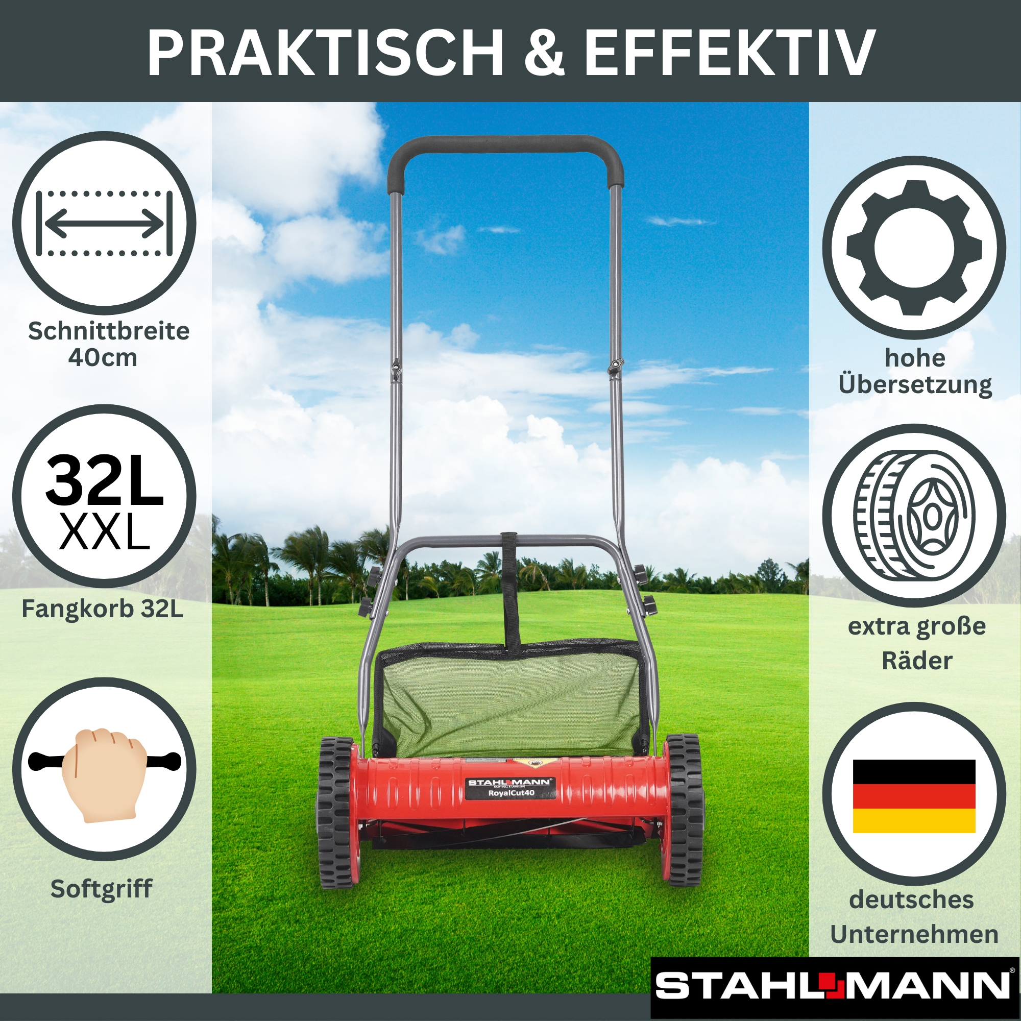 Ein roter Handrasenmäher mit Fangkorb steht auf grünem Rasen, mit Symbolen für Schnittbreite, Fangkorbgröße, Griff, Übersetzung und Rädern.