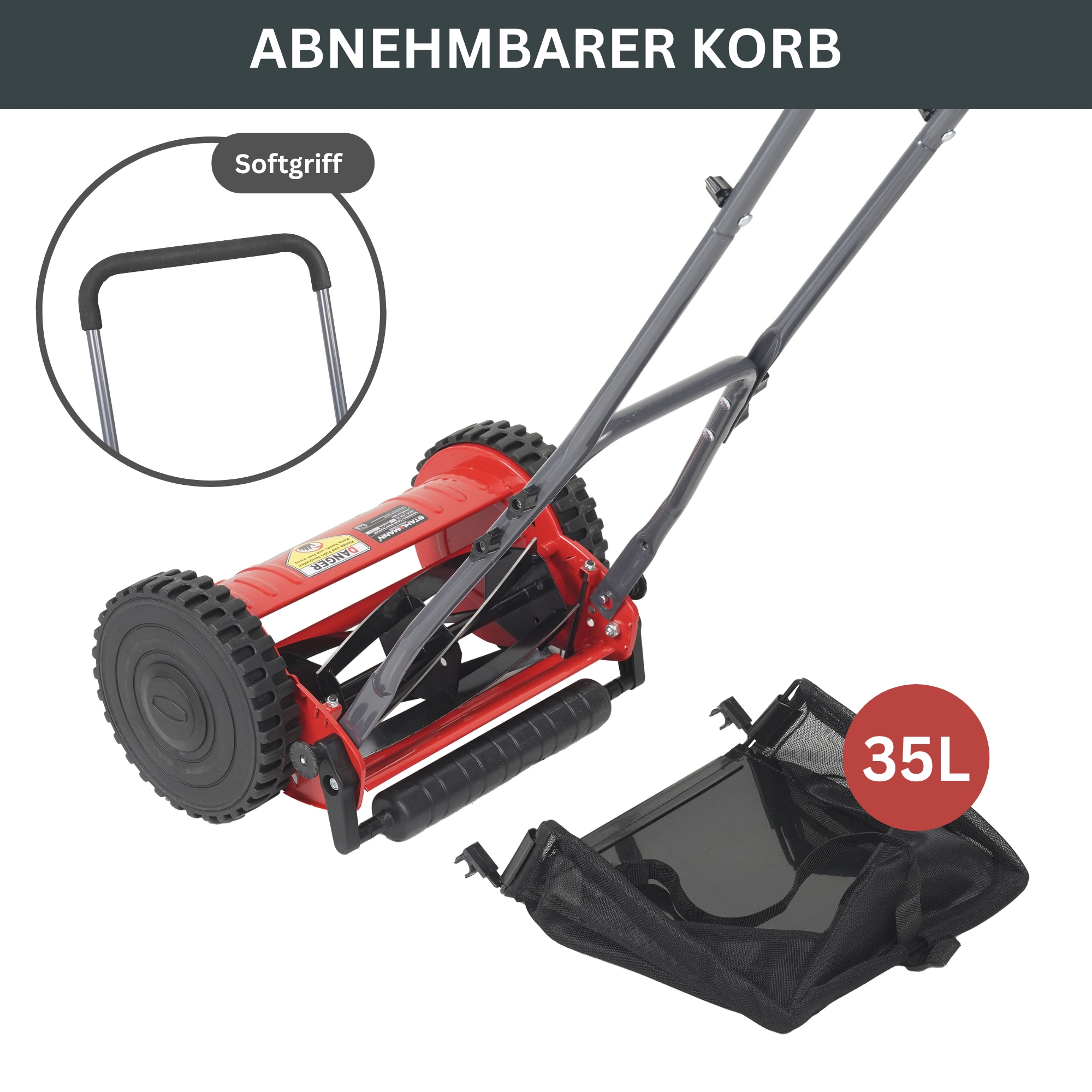 Roter Spindelmäher mit Fangkorb. Verfügt über einen Soft-Gummigriff.