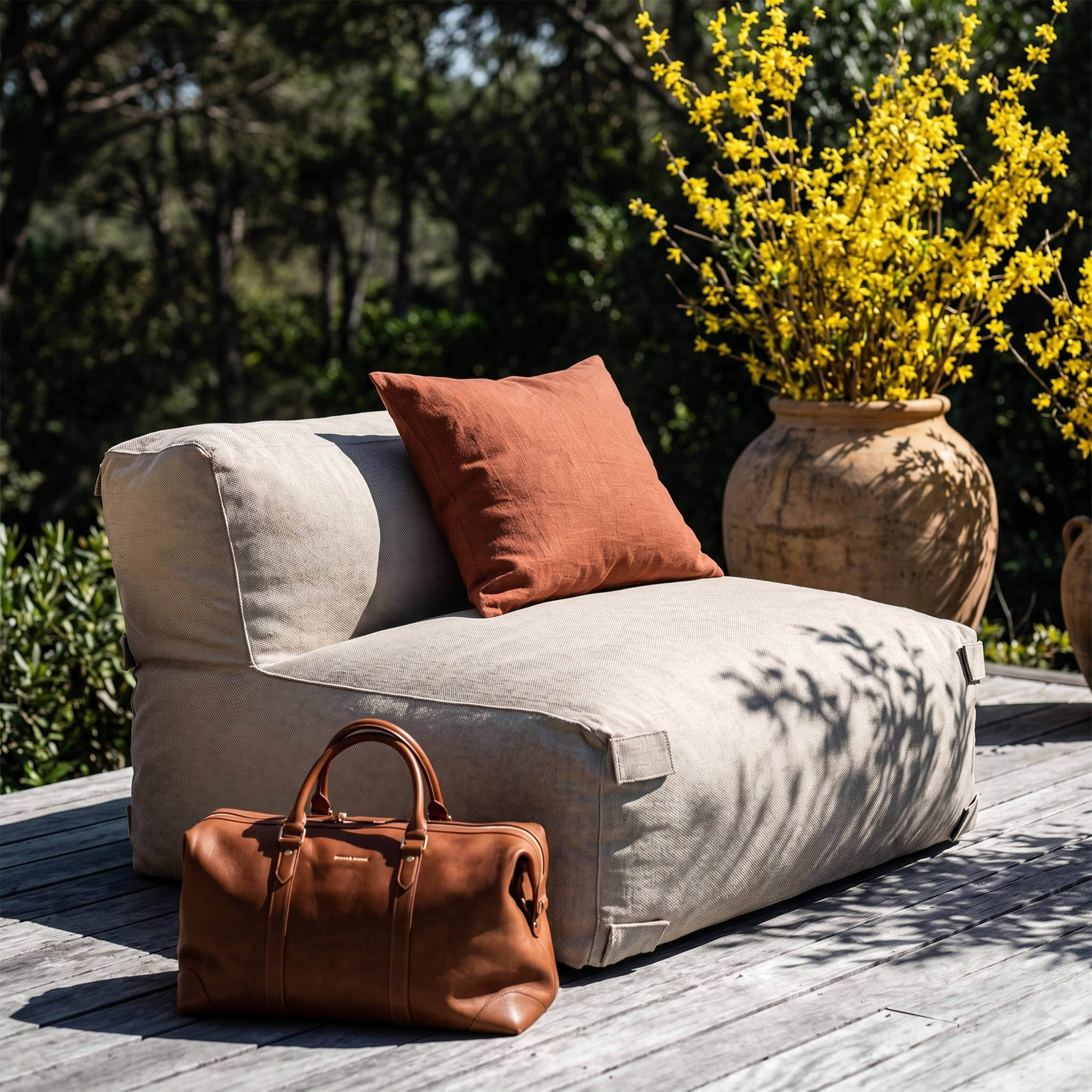 Ein beiger Sessel mit einem orangen Kissen und einer Ledertasche auf einer Holzterrasse.