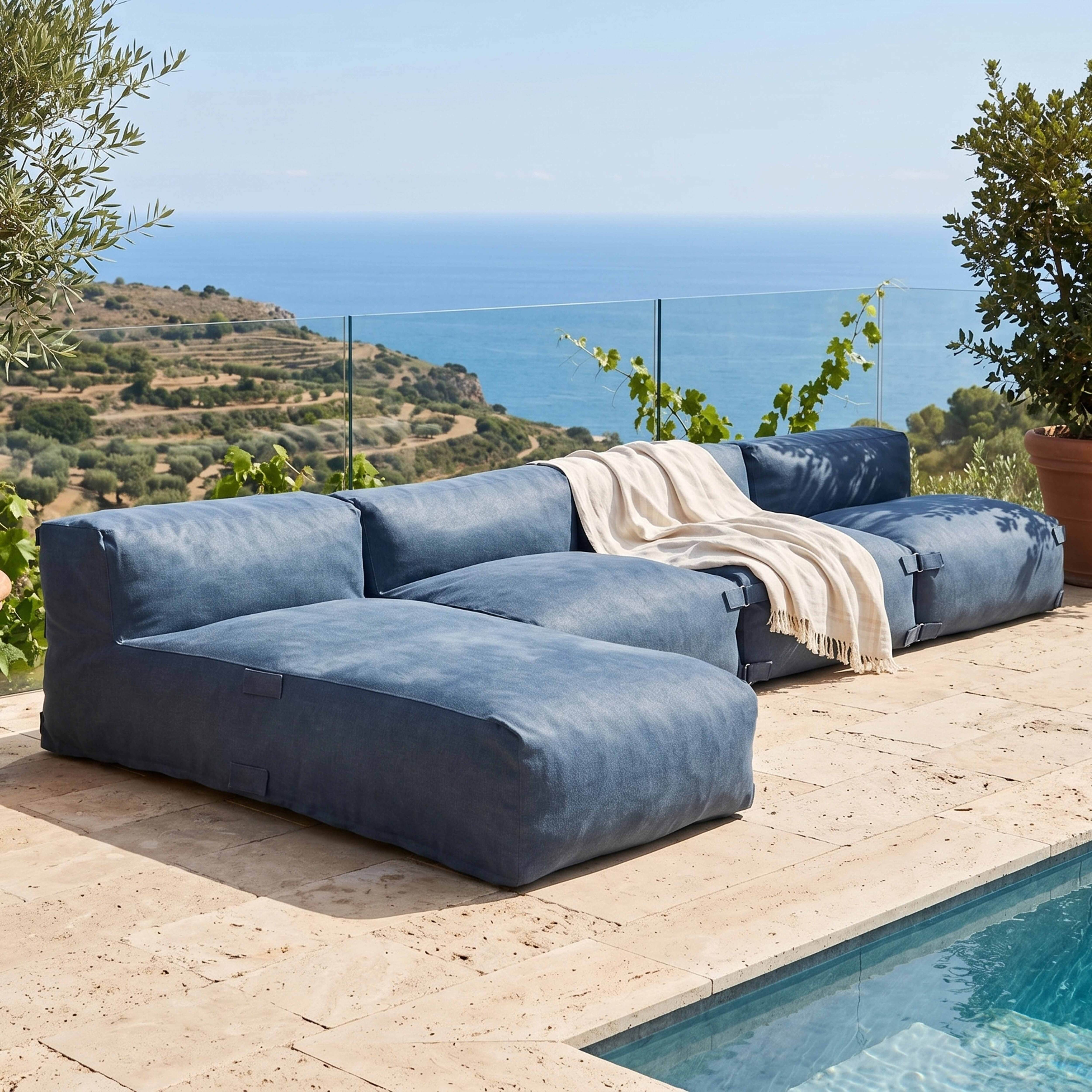 Ein blaues Lounge-Sofa steht auf einer Terrasse am Meer mit Blick auf das Meer.