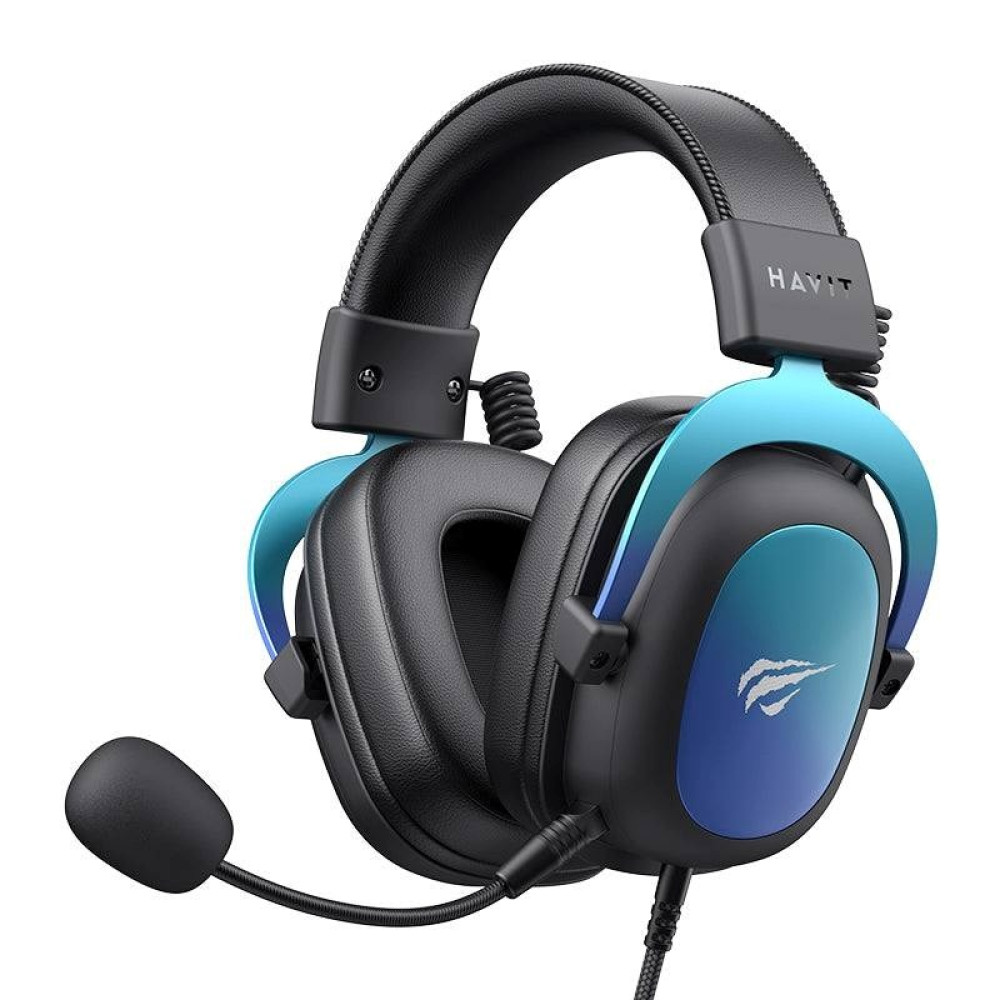Cuffie nere con sfumatura blu-verde, microfono e paraorecchie imbottiti. Con logo.