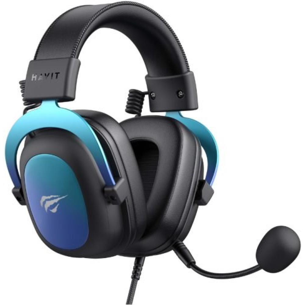 Cuffie da gaming nere con accenti blu e microfono flessibile.