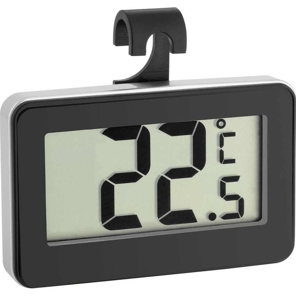 Ein digitaler Thermometer zeigt 22.5 Grad Celsius an, mit einem Haken zum Aufhängen.