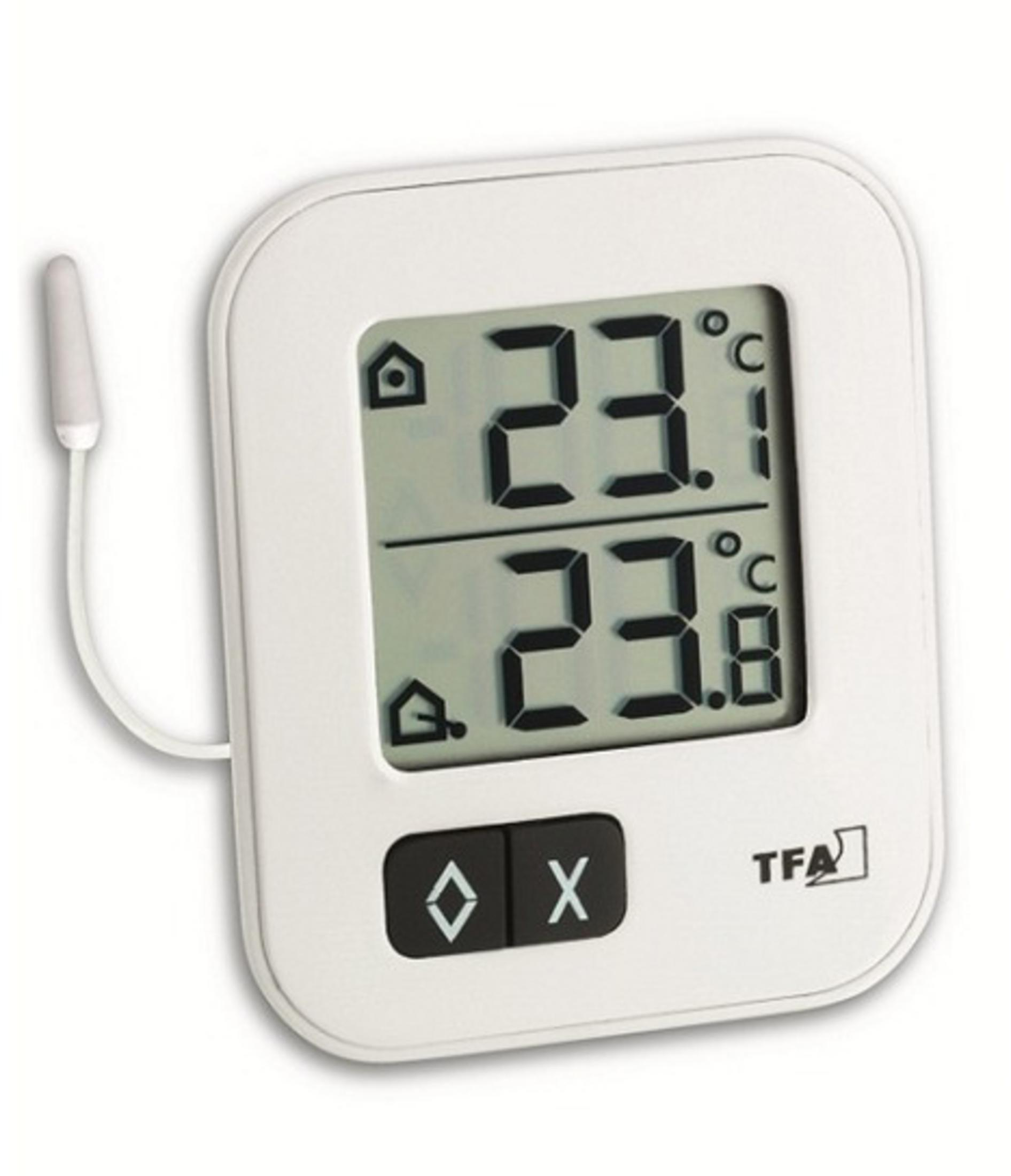 Weißes digitales Thermometer mit externem Sensor. Zeigt 23.2°C und 23.8°C an.