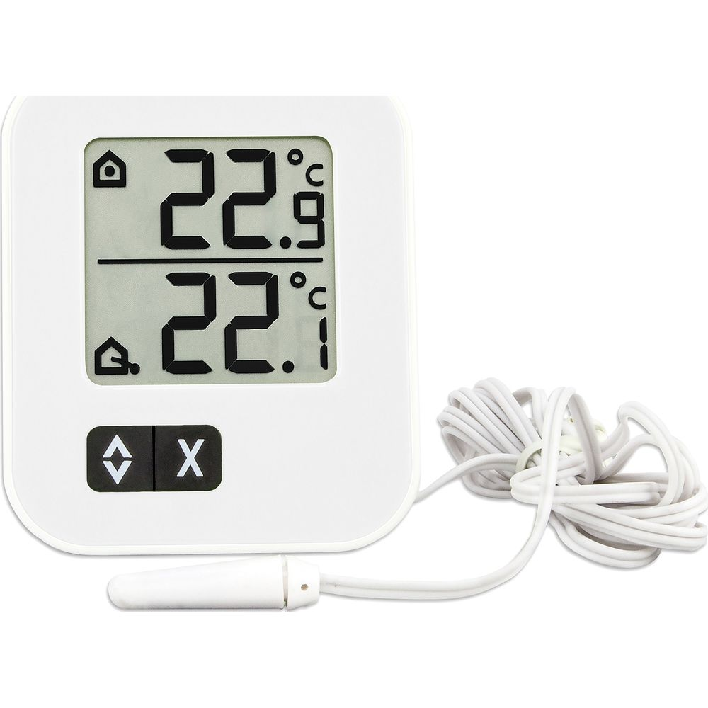 Weißes Digitalthermometer zeigt 22,9°C und 22,1°C an, mit weißem Kabel.