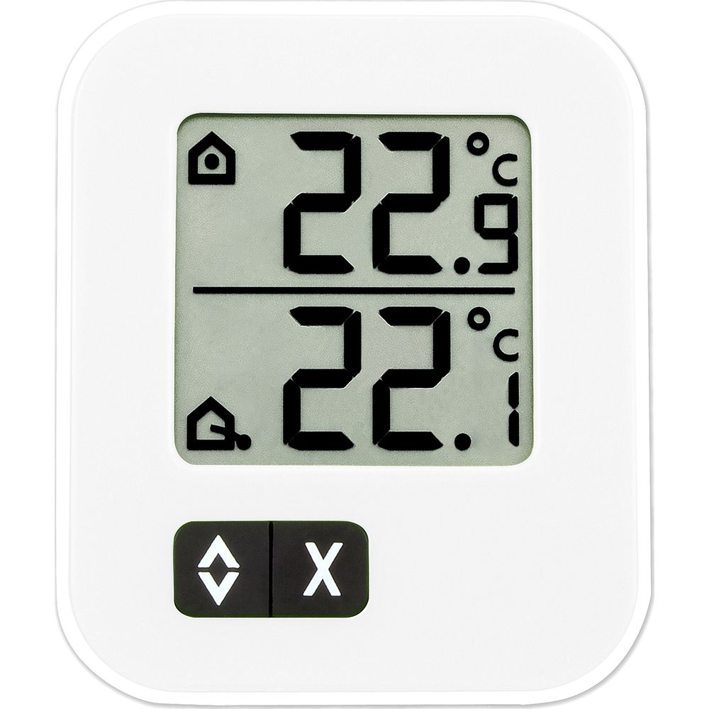 Ein weißes digitales Thermometer mit zwei Anzeigen: 22,9°C und 22,1°C.