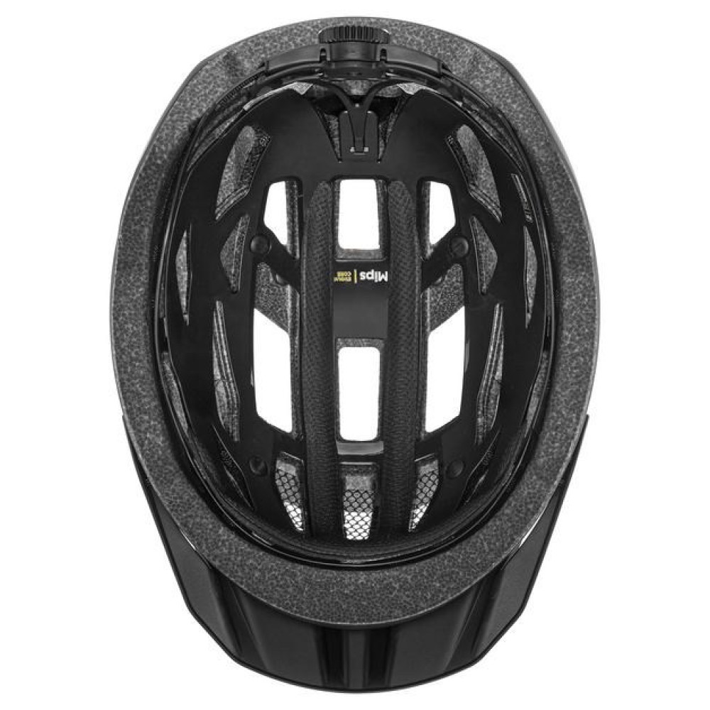 Czarny kask z technologią MIPS, widok od góry.