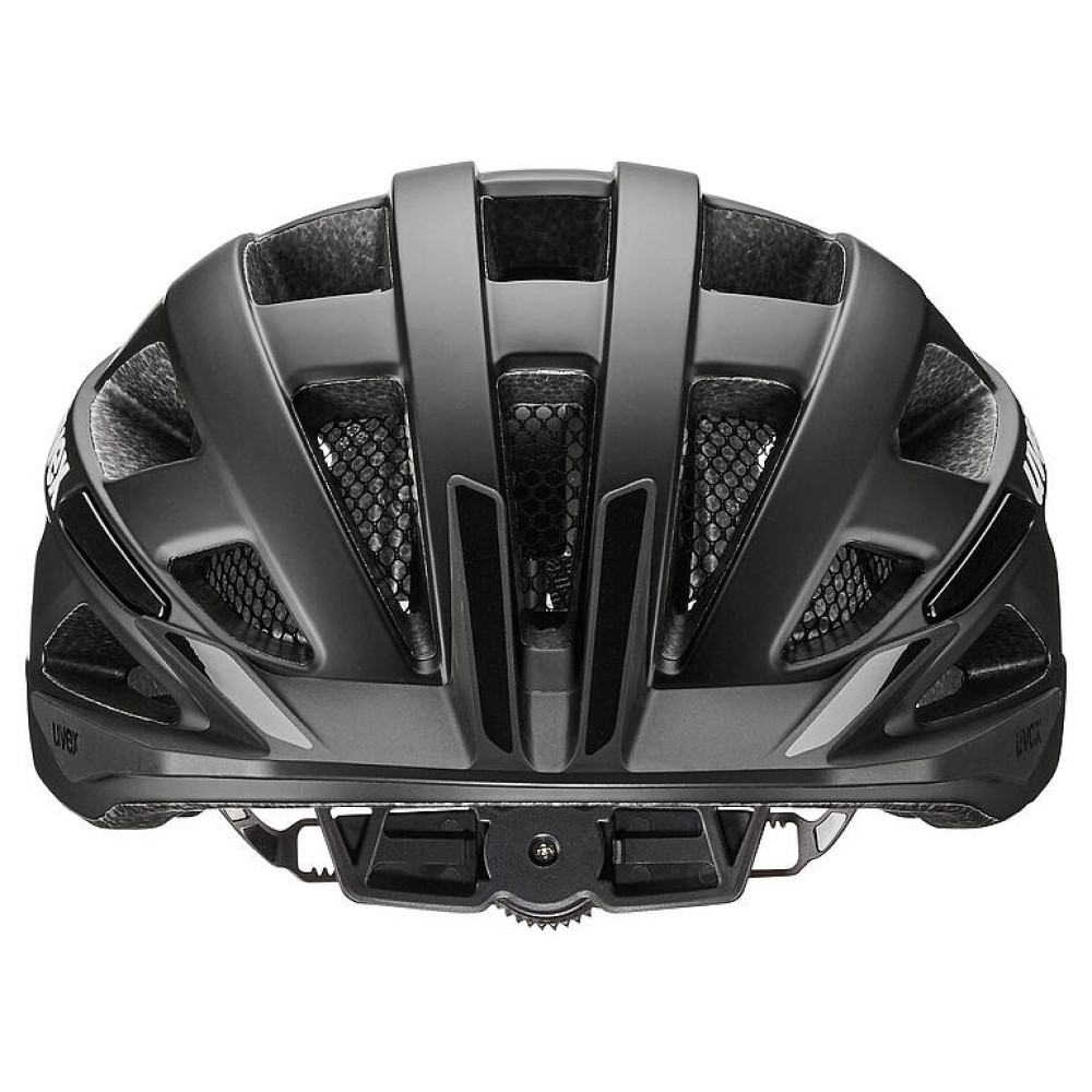 Czarny kask rowerowy z otworami wentylacyjnymi i siateczkowymi detalami, widziany od tyłu.
