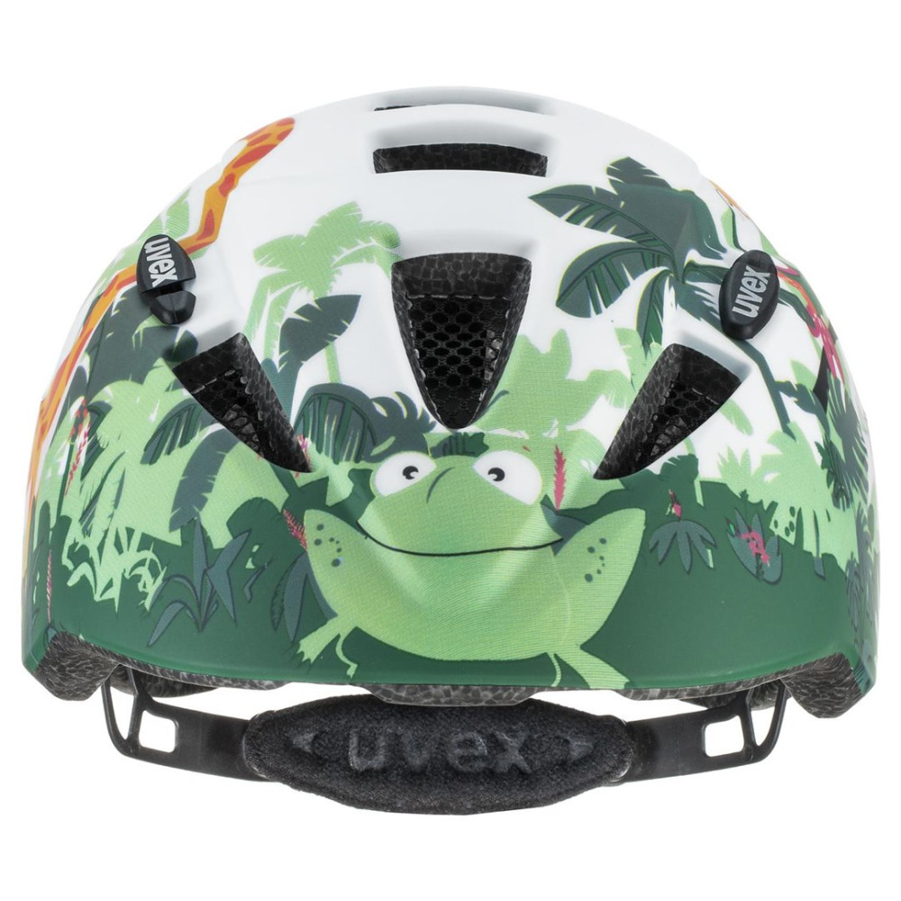 Biały kask z motywem tropickiej żaby i logo Uvex.