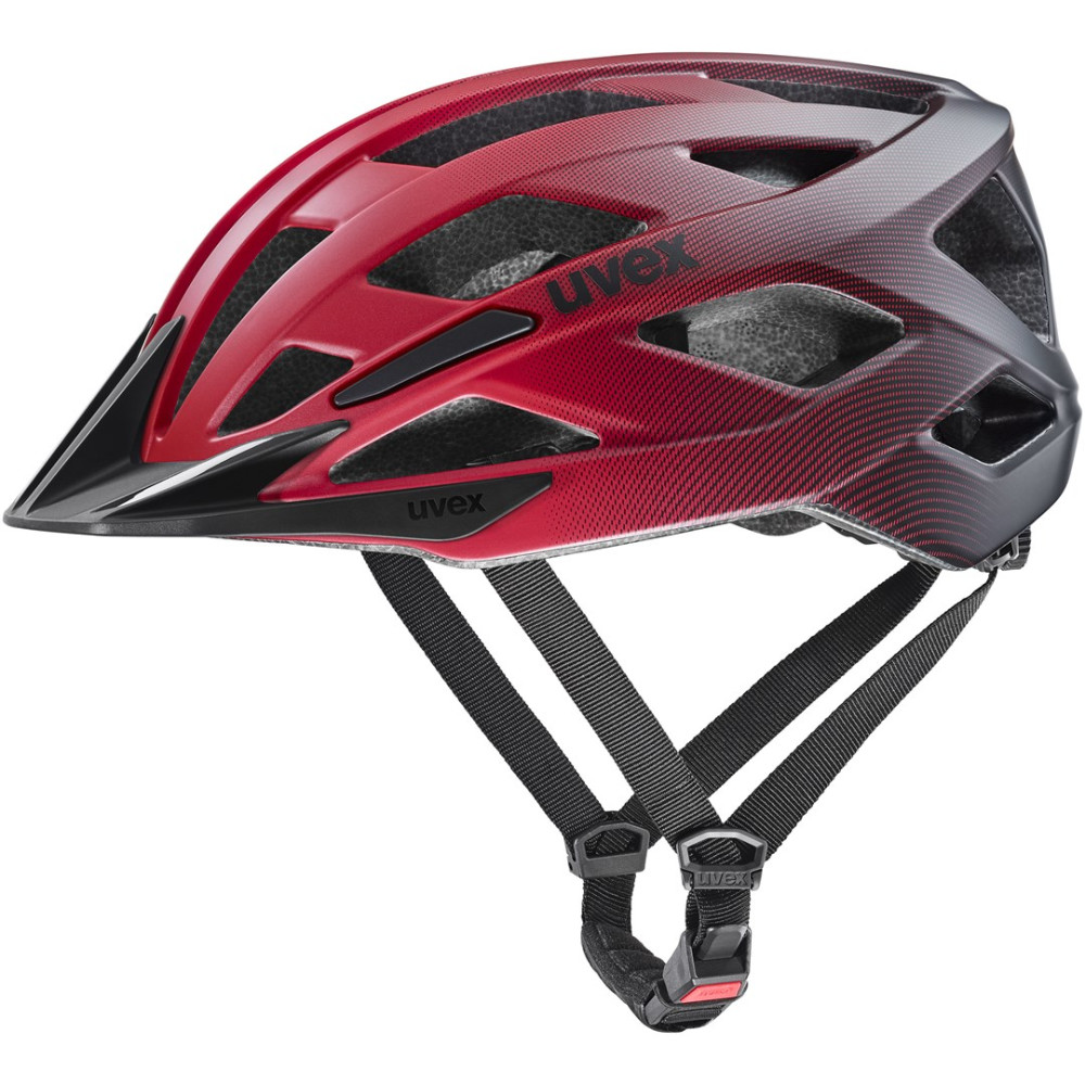 Czerwono-czarny kask rowerowy z otworami wentylacyjnymi i paskami.