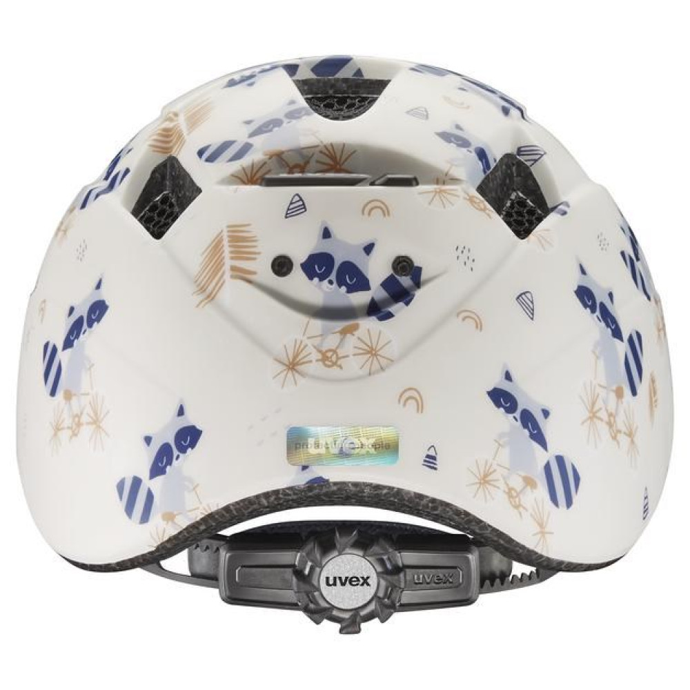 Biały kask ze wzorem szopa i logo Uvex. Regulowany system pasków.