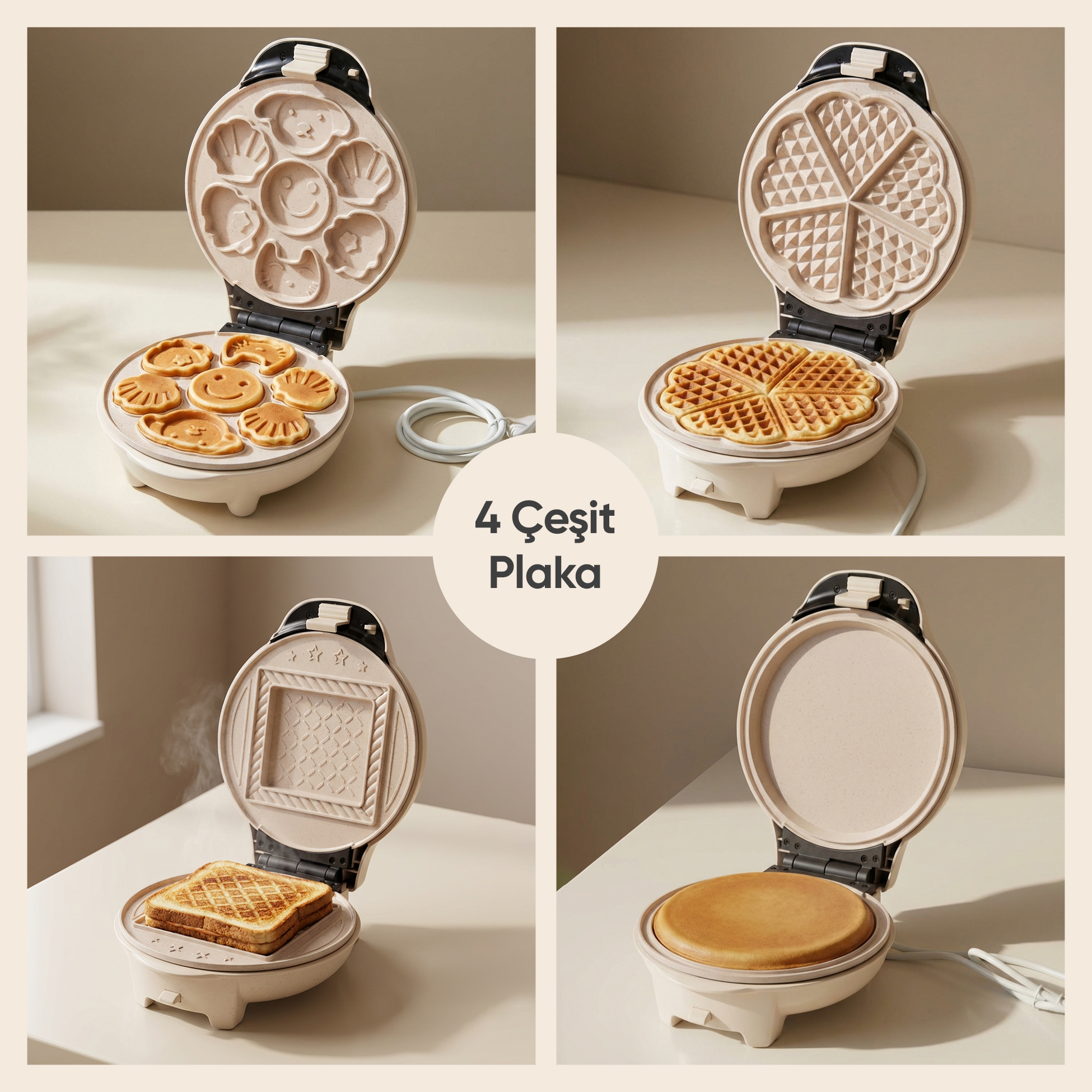 Açık bir waffle makinesi dört farklı plaka gösteriyor: sevimli atıştırmalıklar, waffle, tost ve krep.