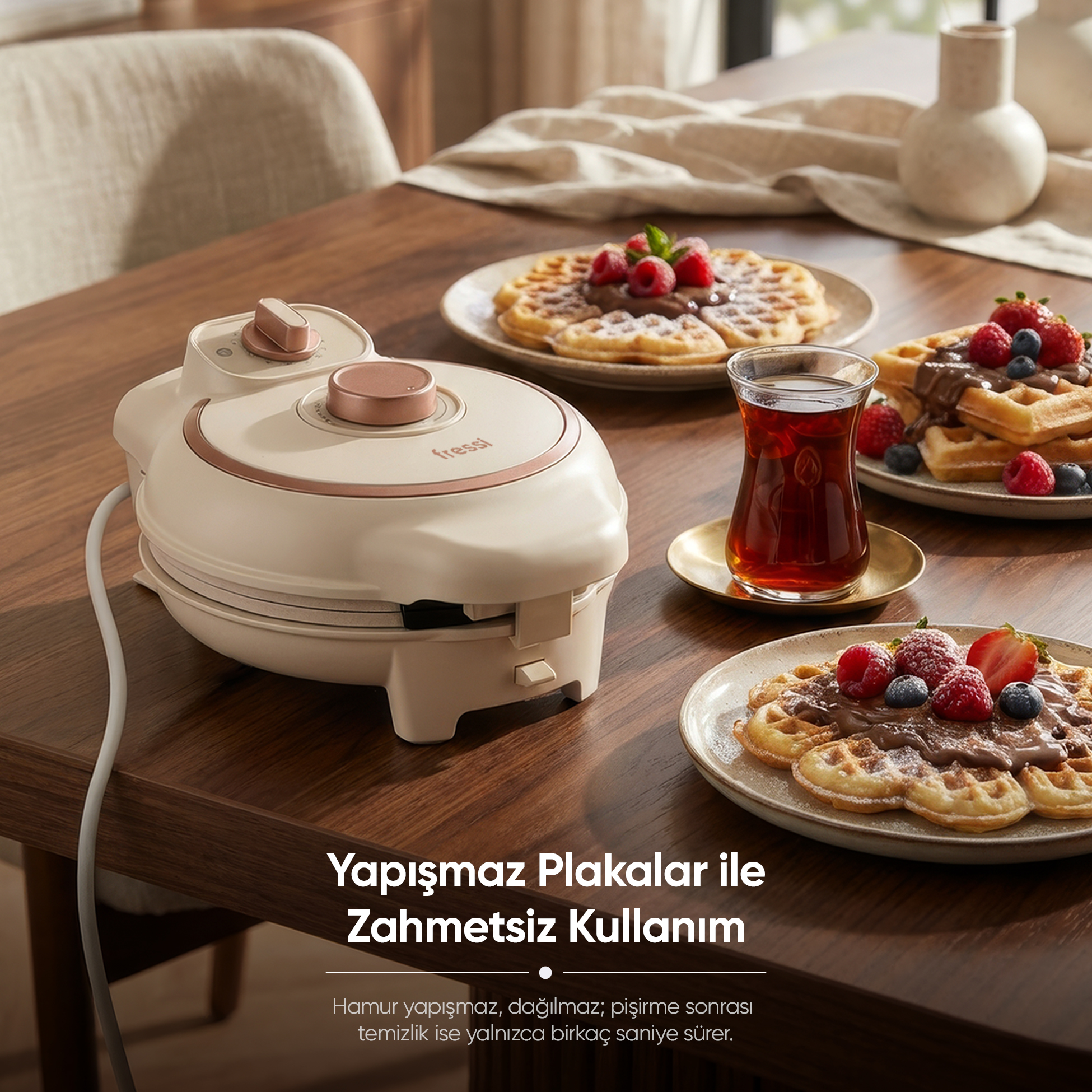 Çikolata soslu ve meyveli waffle makinesi, bir bardak çayın yanında.
