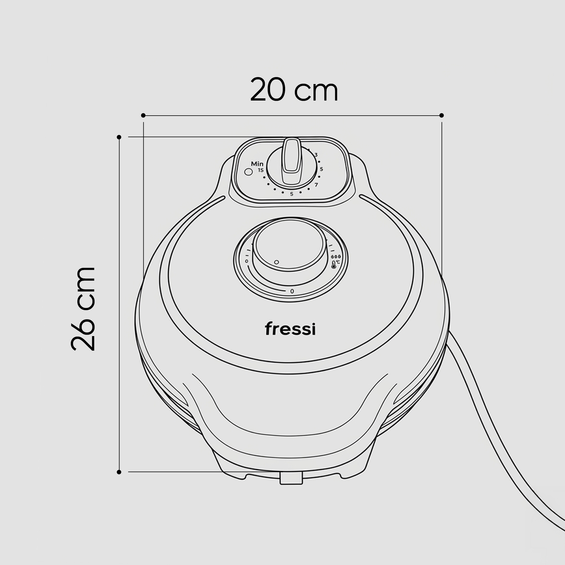 Fressi waffle makinesinin üstten görünümü, boyutları gösteriyor: 20 cm genişlik, 26 cm yükseklik.