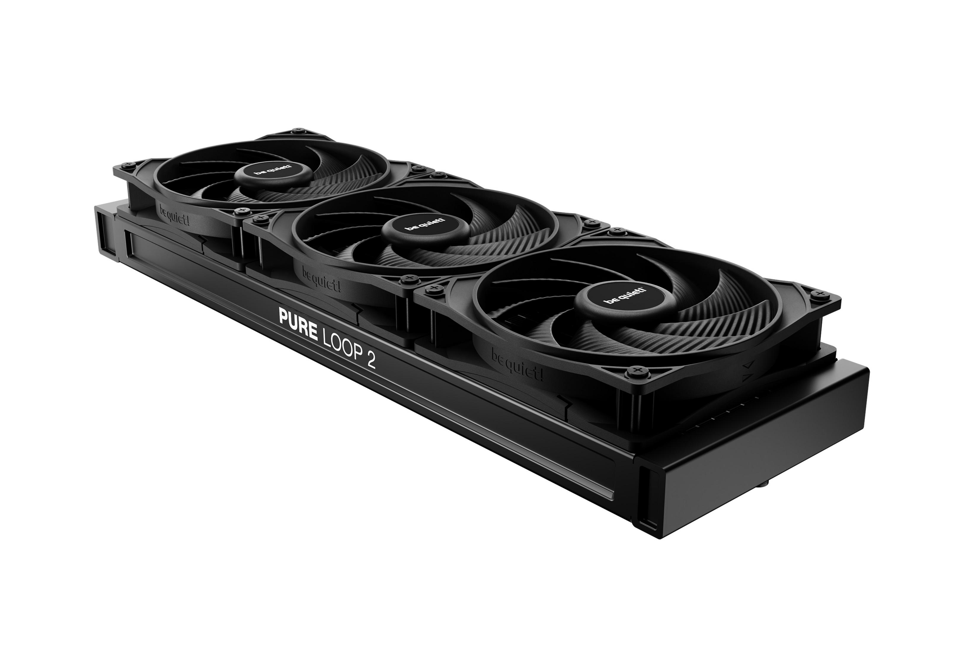 Czarna chłodnica PC z trzema wentylatorami, z napisem 'PURE LOOP 2'.