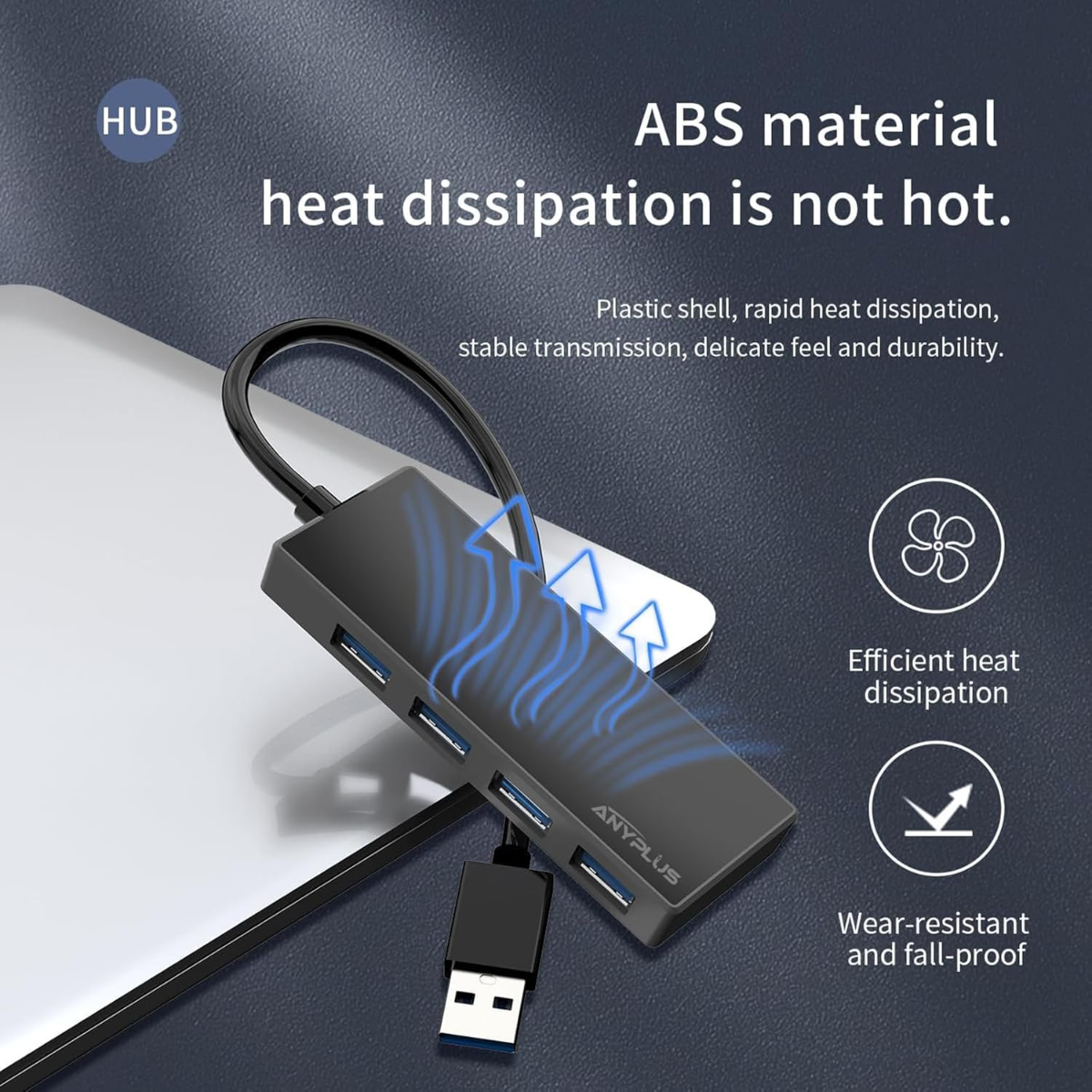 Hub USB negro con varios puertos en un portátil. Ondas de calor azules emanan del hub.