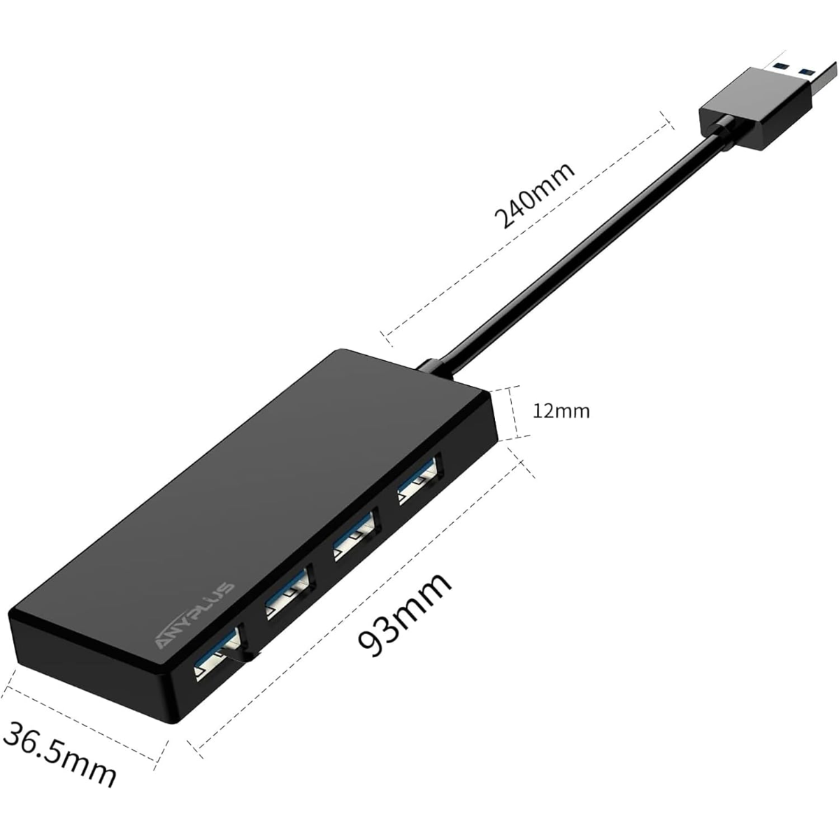 Hub USB negro con cuatro puertos y un cable.