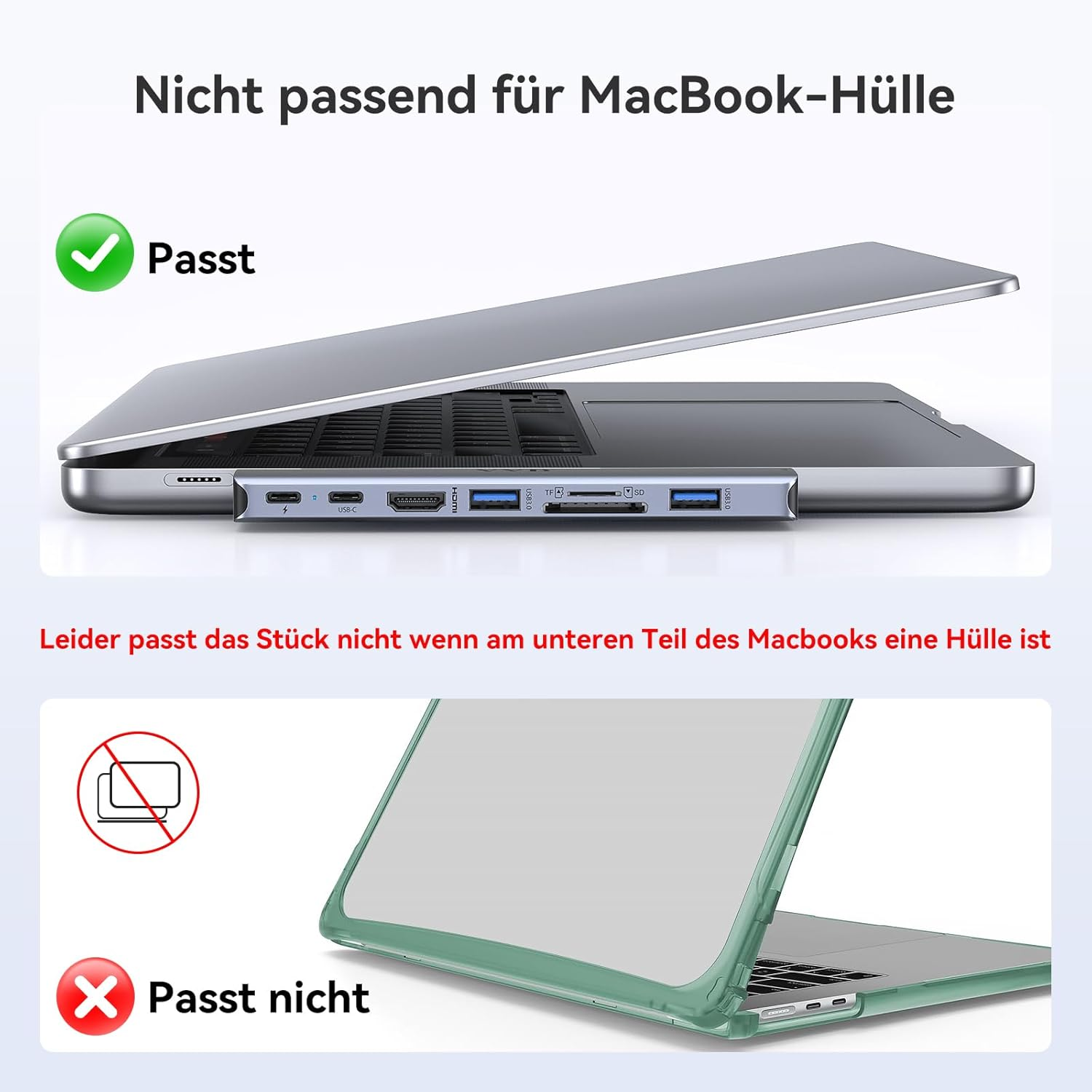 MacBook-Adapter passt ohne Hülle, aber nicht mit Hülle am unteren Teil.