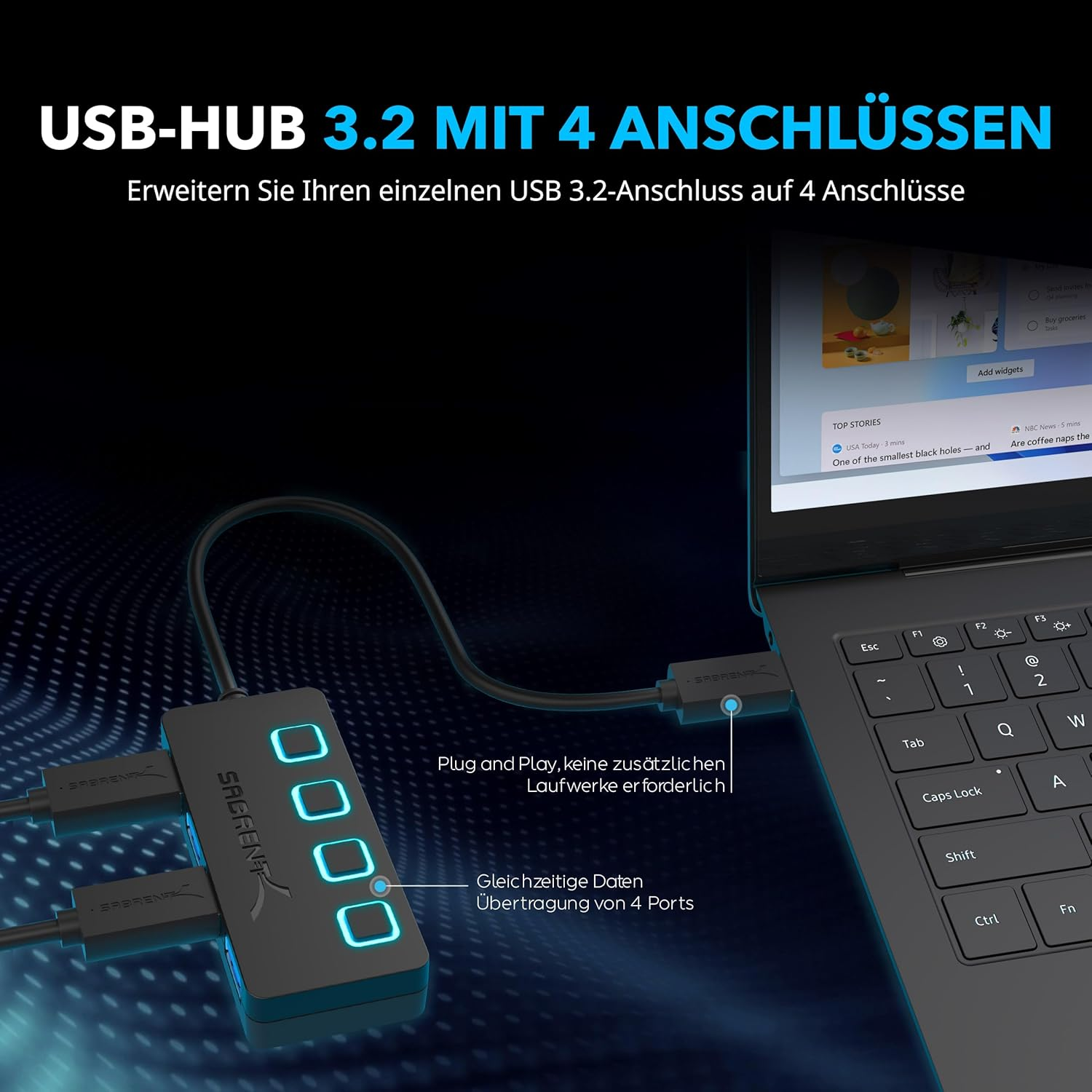 Un concentrador USB negro con cuatro puertos iluminados de azul está conectado a un portátil.