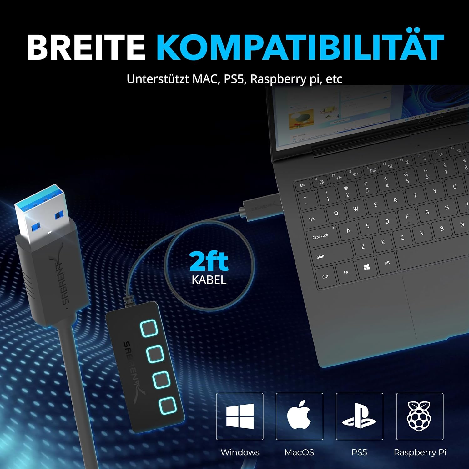 Hub USB Sabrent conectado a un portátil, con cable e iconos de compatibilidad.