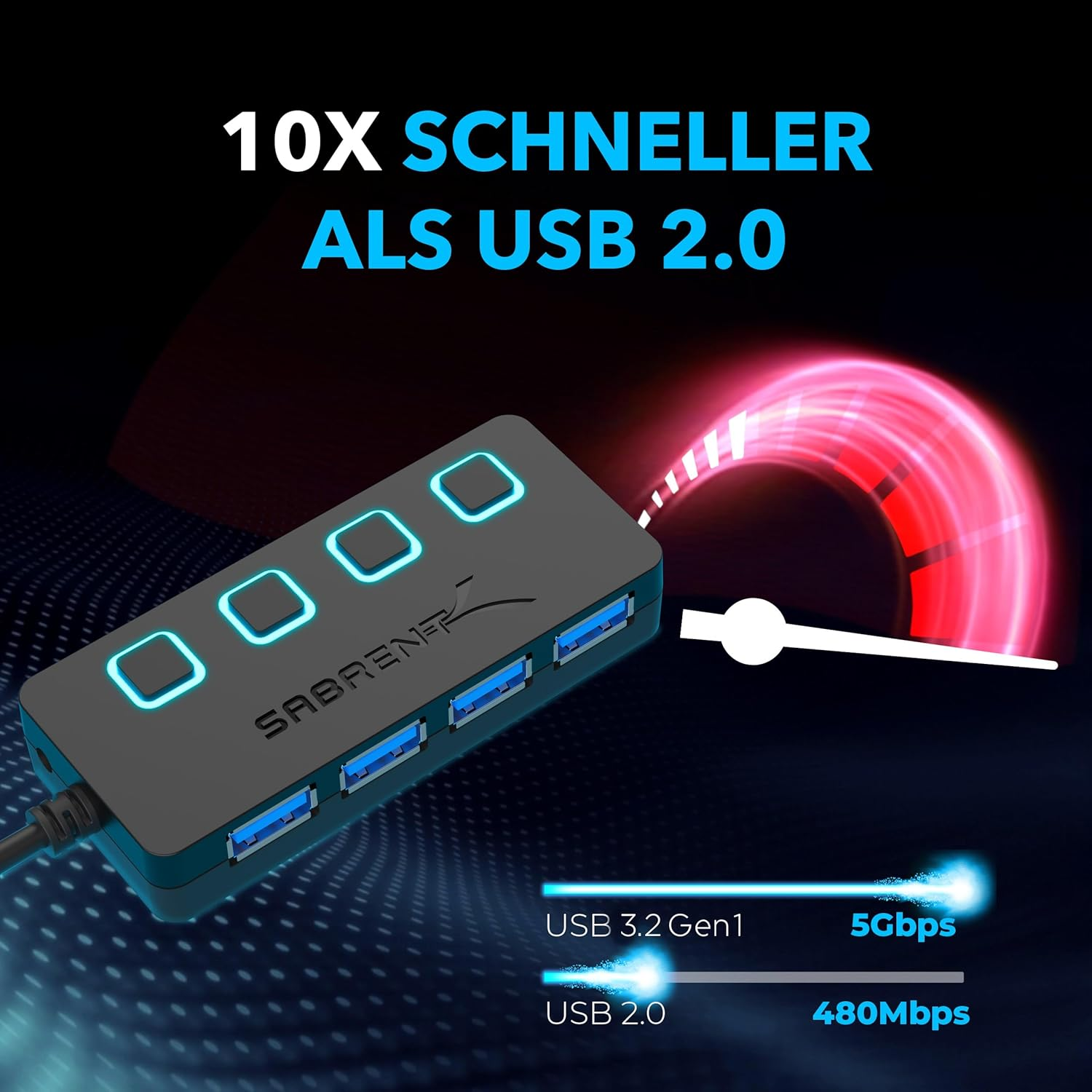 Hub USB negro de 4 puertos con LEDs azules, mostrando 10 veces más rápido que USB 2.0.