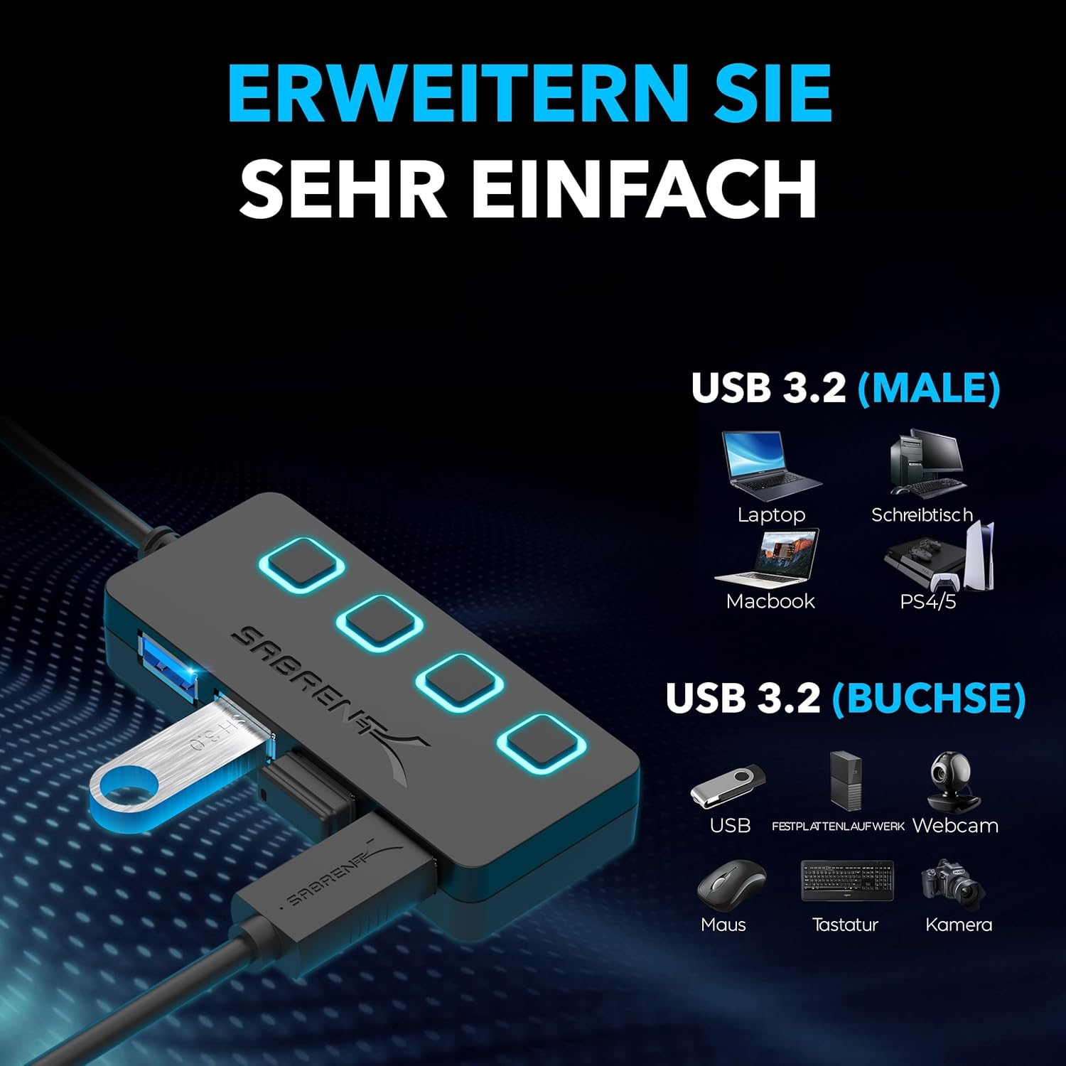 Un concentrador USB negro con cuatro luces azules brillantes y una memoria USB enchufada.