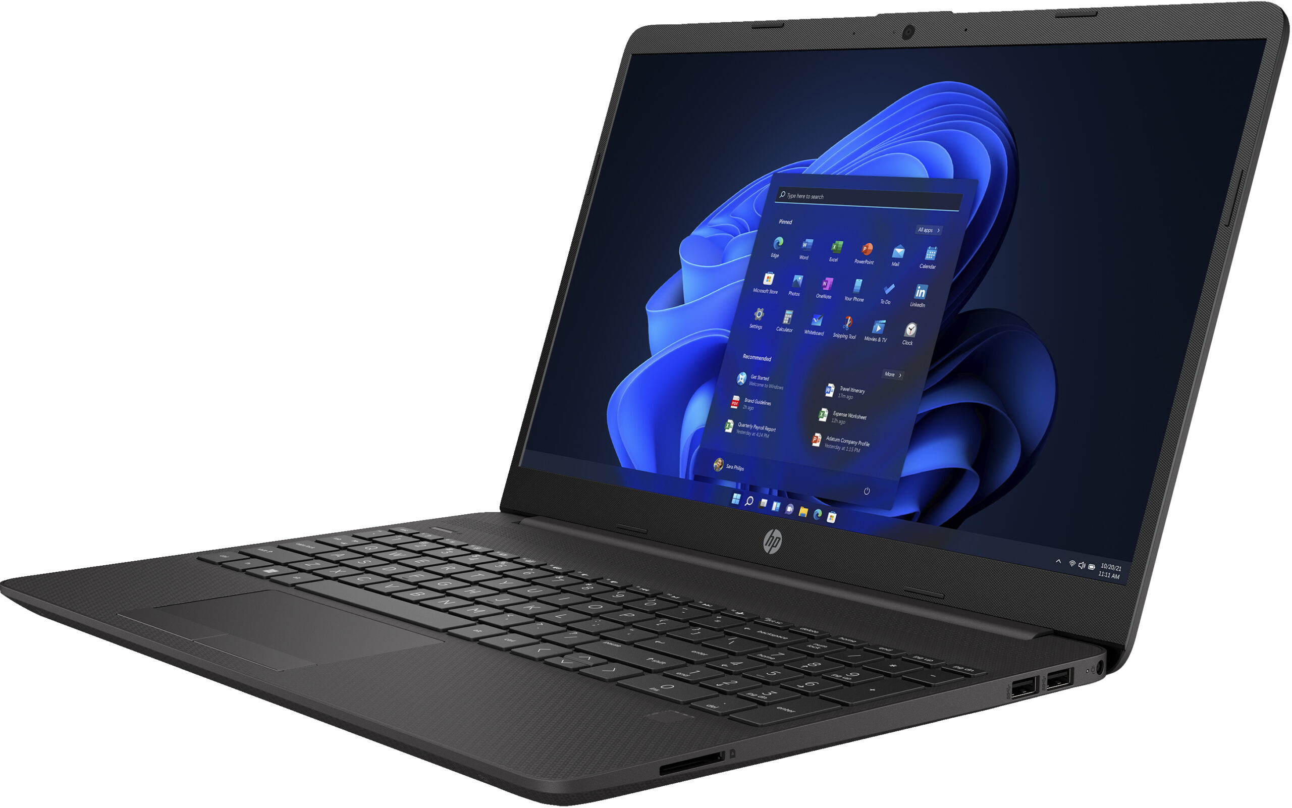 Portátil HP negro abierto, mostrando menú inicio Windows 11 y teclado.