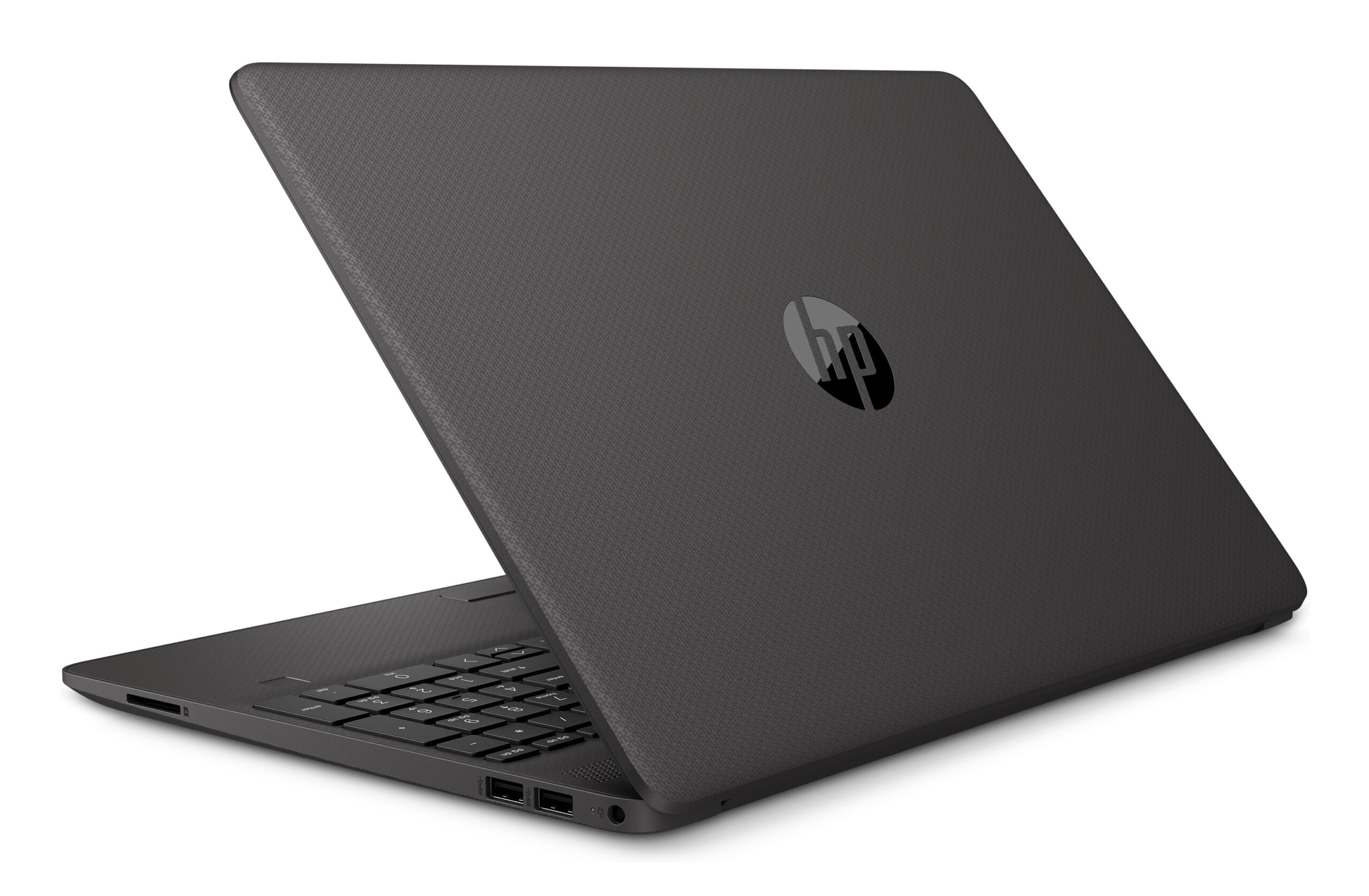 Un portátil oscuro cerrado con el logo de HP en la tapa.