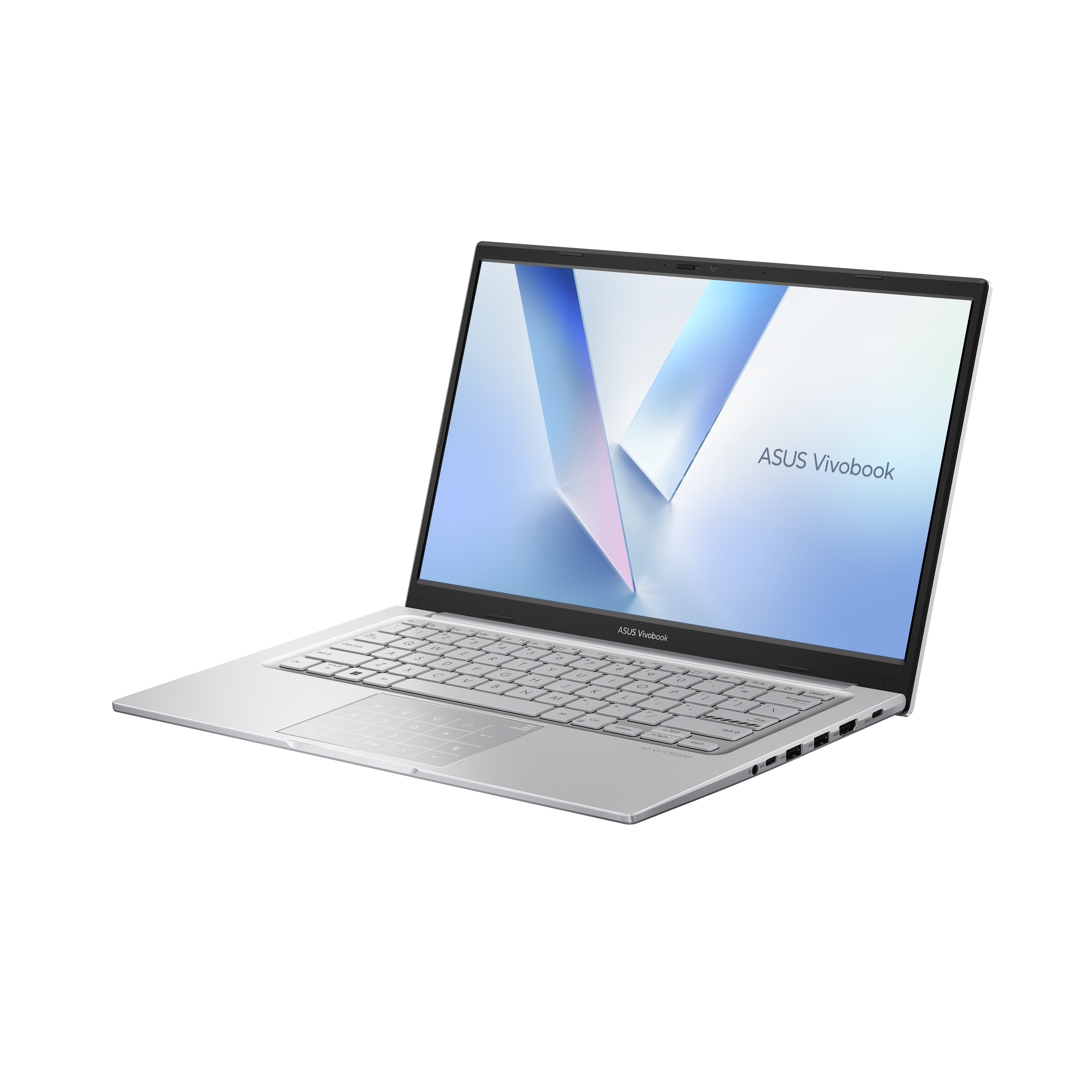 Un portátil ASUS Vivobook plateado está abierto sobre un fondo negro.