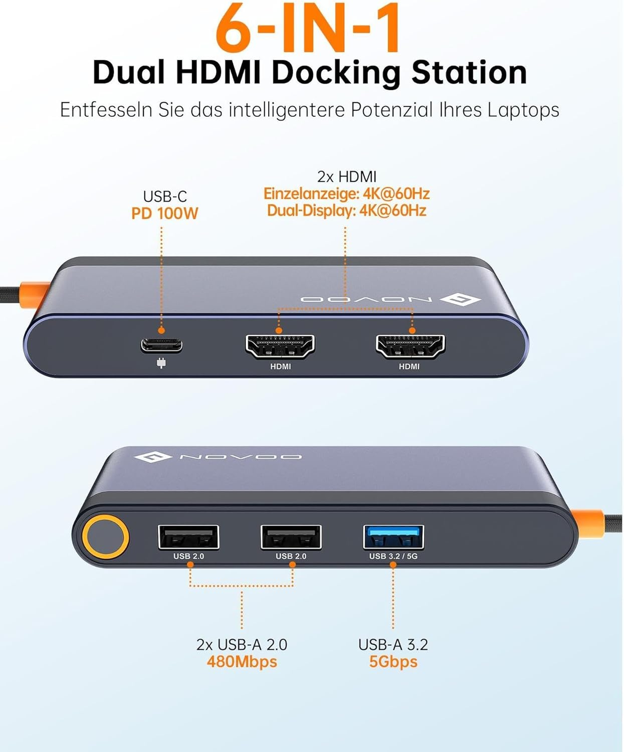 6-in-1 Dual-HDMI-Dockingstation mit USB-C PD 100W, 2x HDMI, 2x USB-A 2.0, 1x USB-A 3.2.