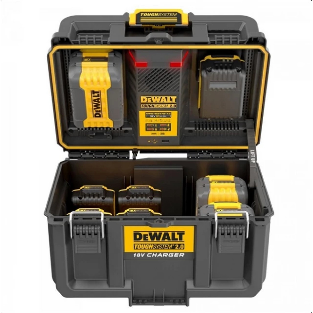 Otwarta czarna walizka DeWalt ToughSystem 2.0 z ładowarką i 4 akumulatorami.