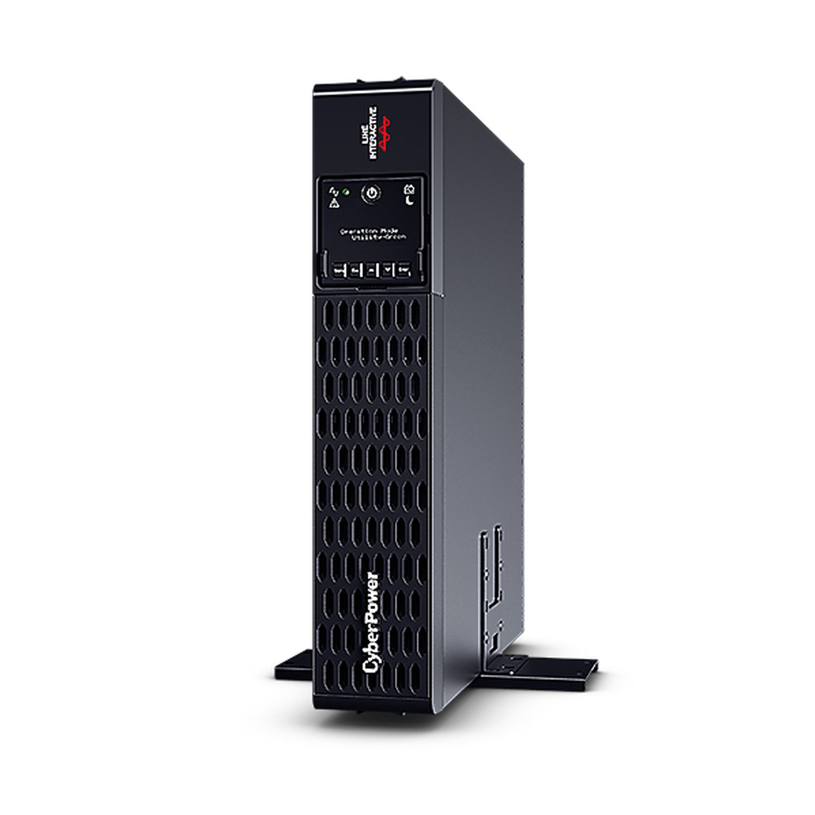 Czarny UPS CyberPower Line Interactive stoi pionowo na białym tle.