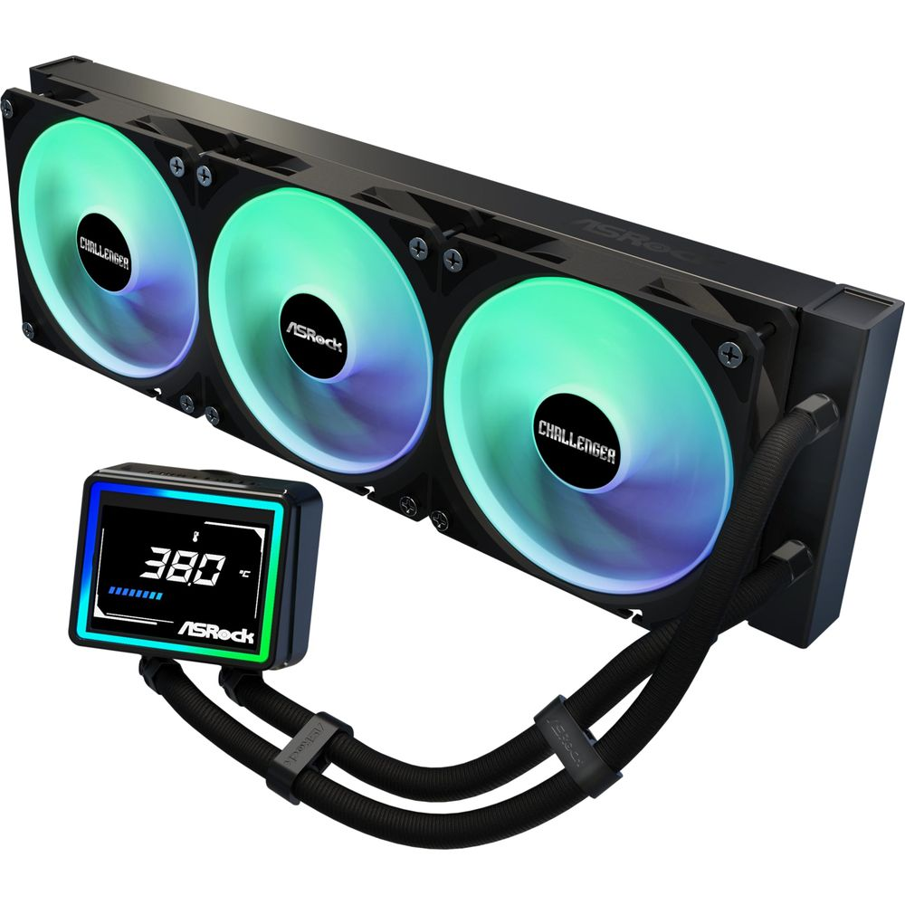 Czarna chłodnica procesora ASRock z trzema wentylatorami RGB i cyfrowym wyświetlaczem.