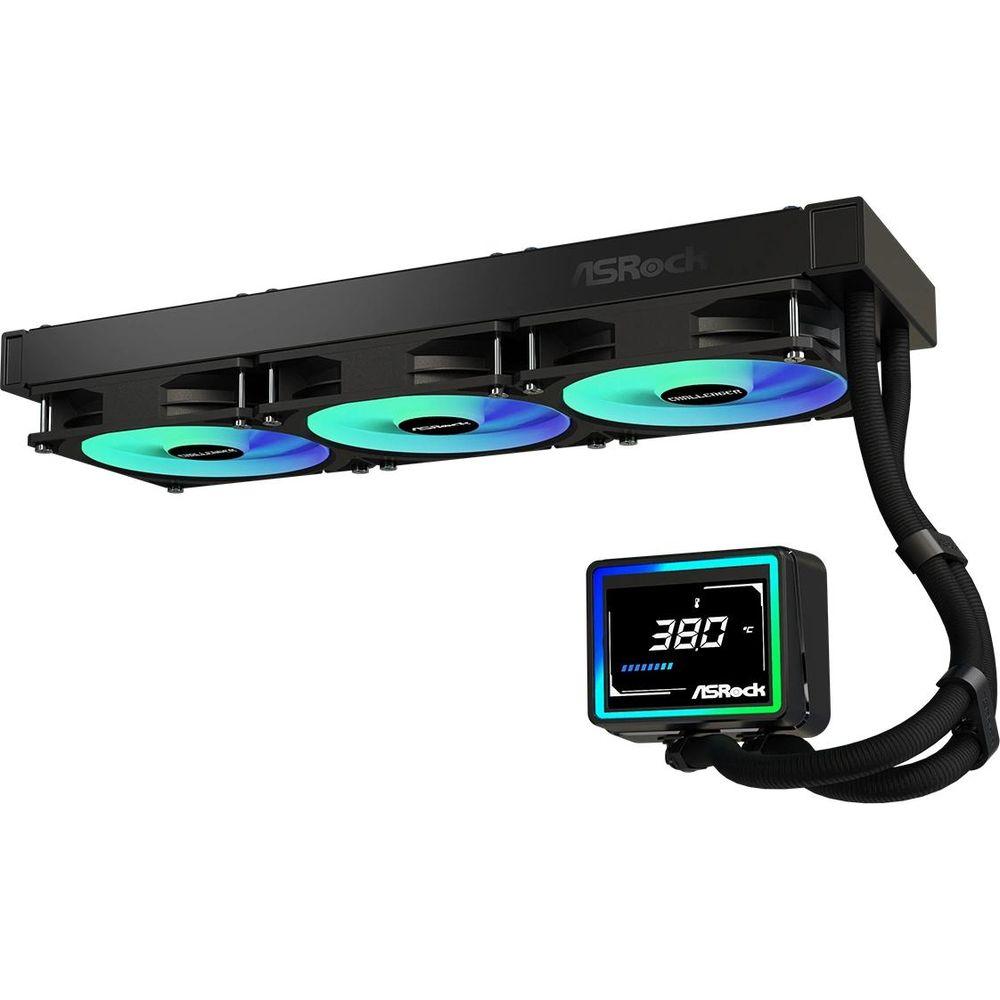 Chłodnica ASRock z trzema wentylatorami RGB i cyfrowym wyświetlaczem.