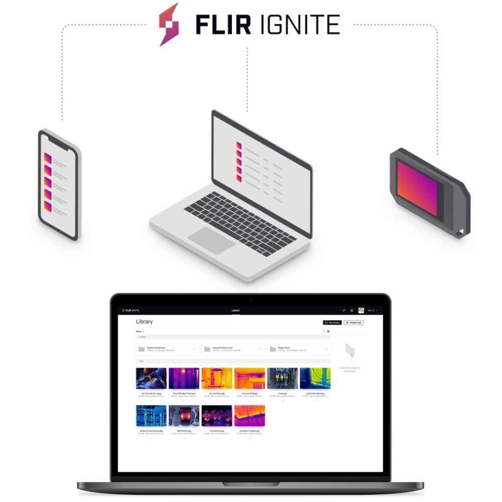 Logo FLIR IGNITE łączy telefon, laptop i kamerę termowizyjną. Laptop pokazuje bibliotekę.