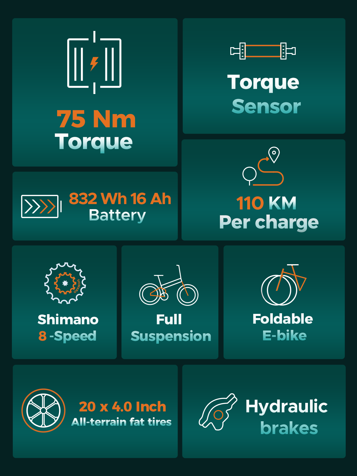 Especificaciones E-bike: 75 Nm torque, 110 km autonomía, batería 832 Wh.