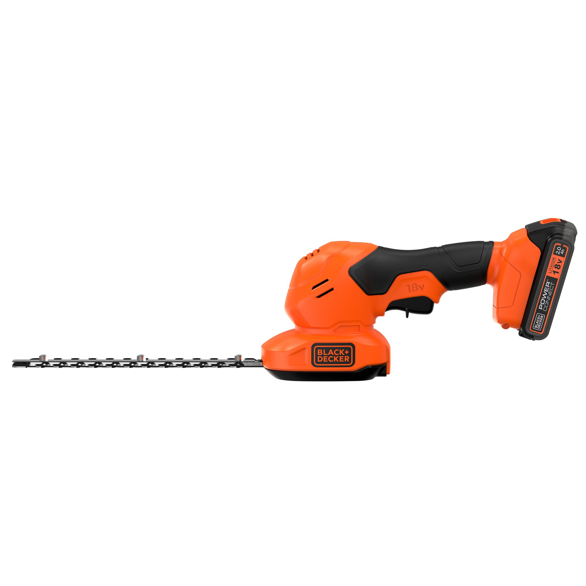 Pomarańczowa akumulatorowa nożyca do żywopłotu Black+Decker z baterią 18V.