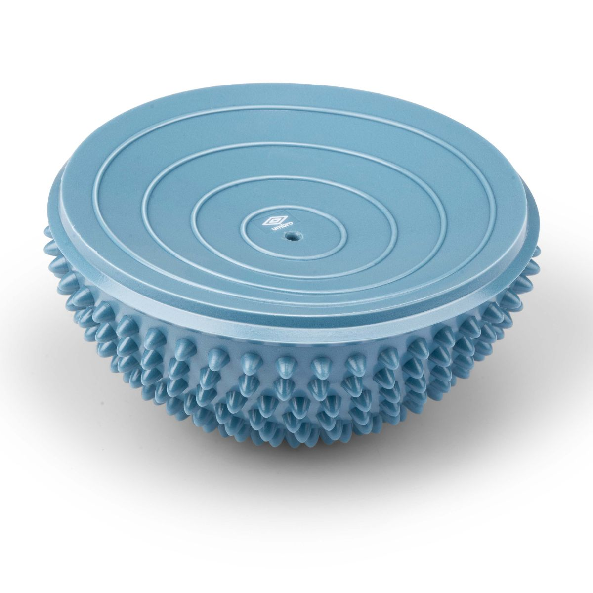 Een blauwe balanstrainer met noppen en concentrische cirkels aan de bovenzijde.