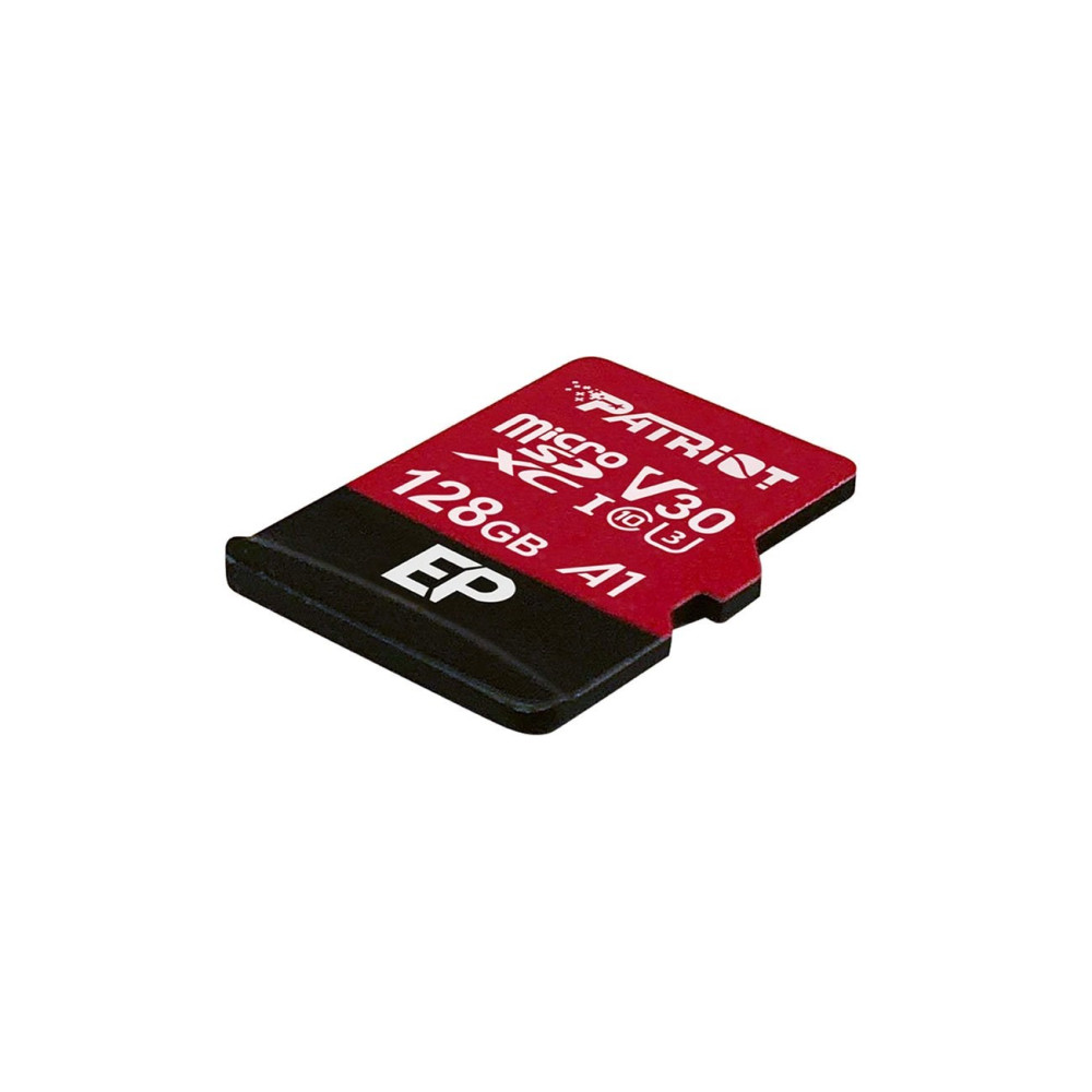 Czerwona karta pamięci Patriot Micro SDXC 128GB V30 A1 z białym tekstem.