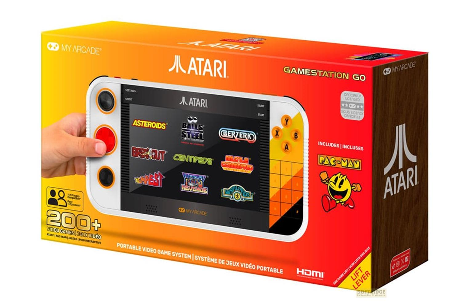 Scatola per Atari GameStation Go di My Arcade, con giochi come Pac-Man.