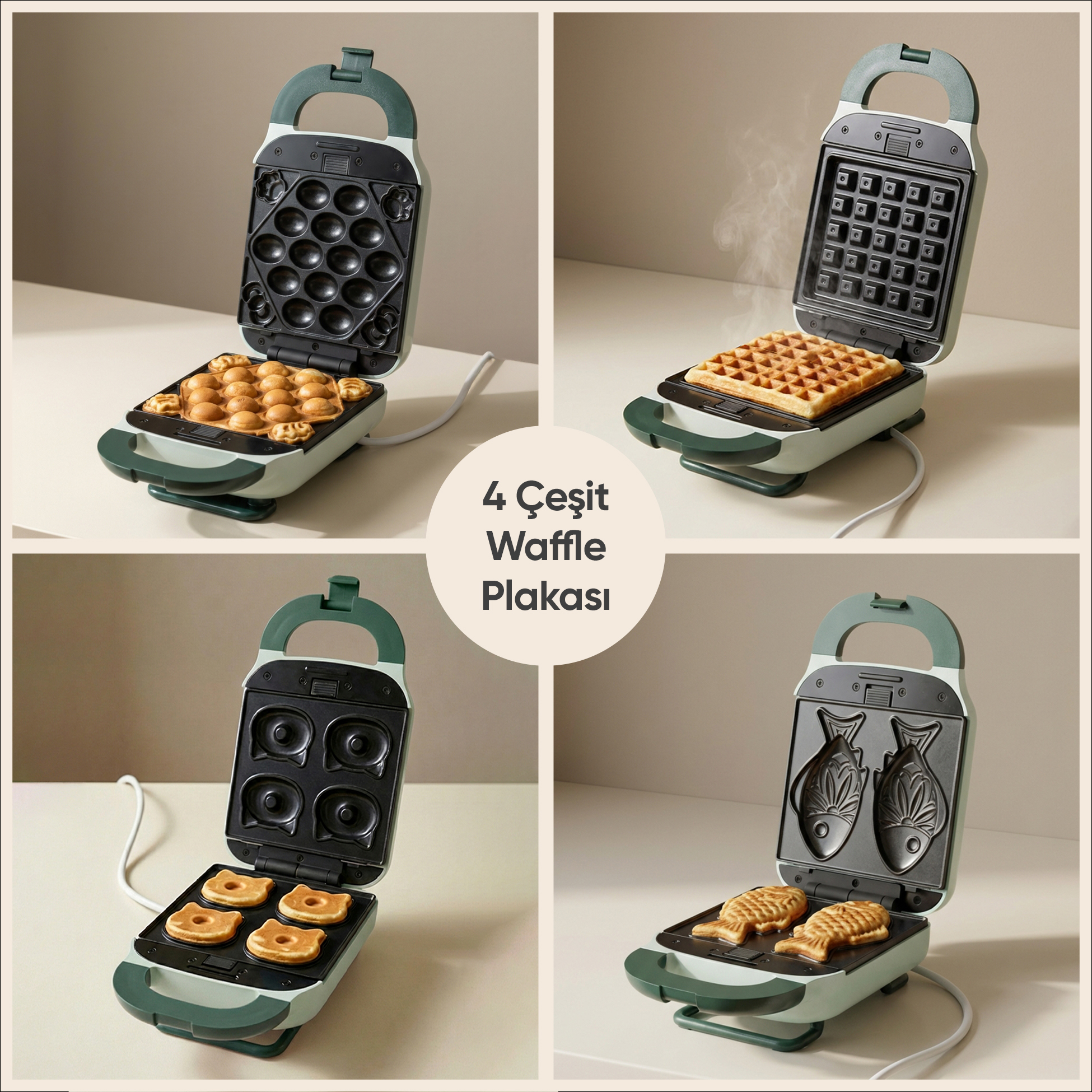 Waffl maker, dört farklı plaka sergiliyor: baloncuklu waffle, kare waffle, donut ve balık şekilleri.