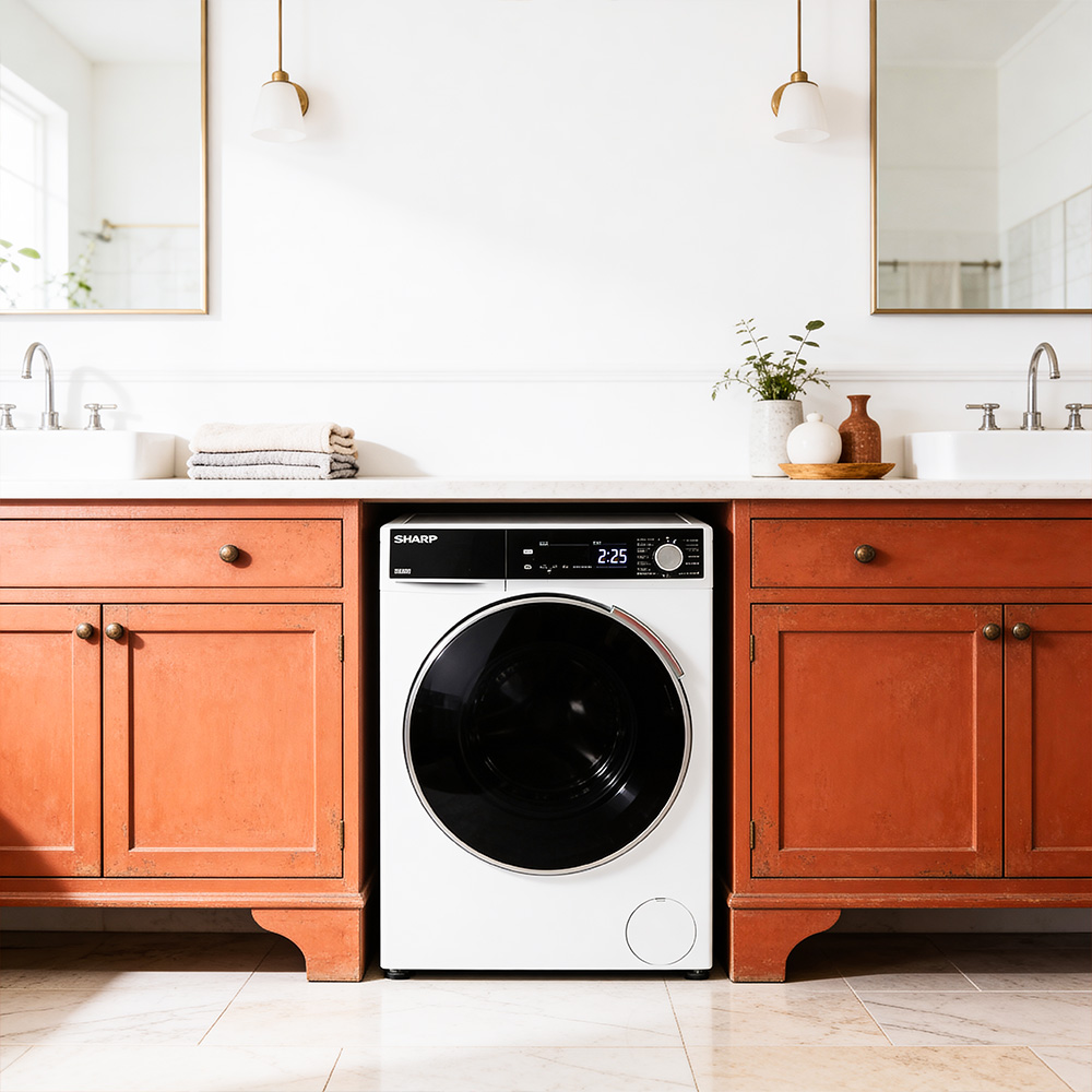 A white washing machine is centered between two orange cabinets in a bathroom.
