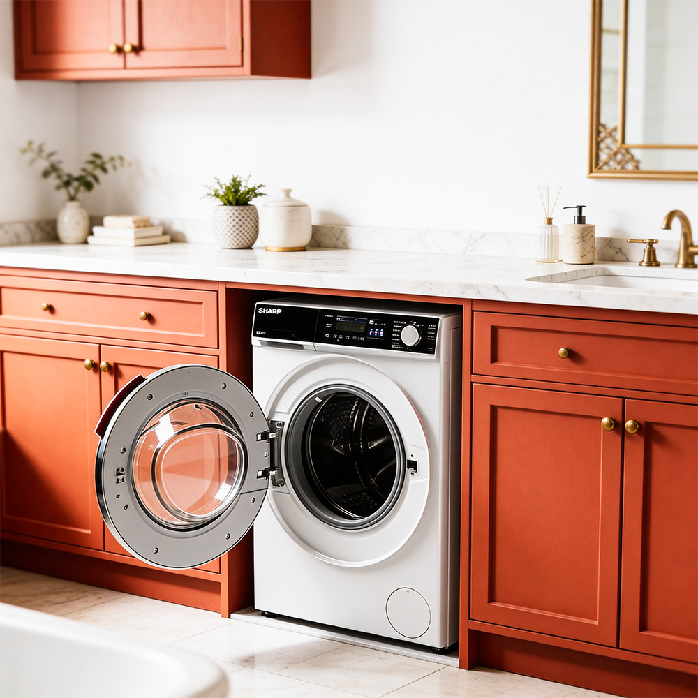 A white washing machine with an open door is set in an orange cabinet.