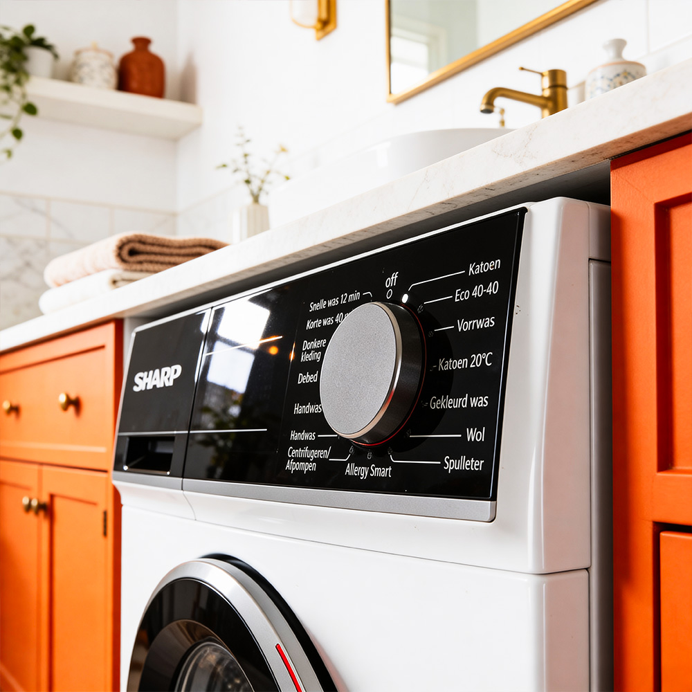 A white washing machine with control panel and orange cabinets.
